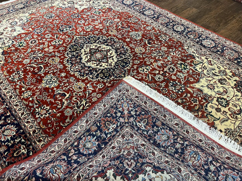 Fine Sino Persian Rug 7x10 ft, Floral Central Medallion Oriental Carpet, Red Navy Blue Cream, Hand Knotted Wool Traditional Vintage Rug by Jewel Rugs