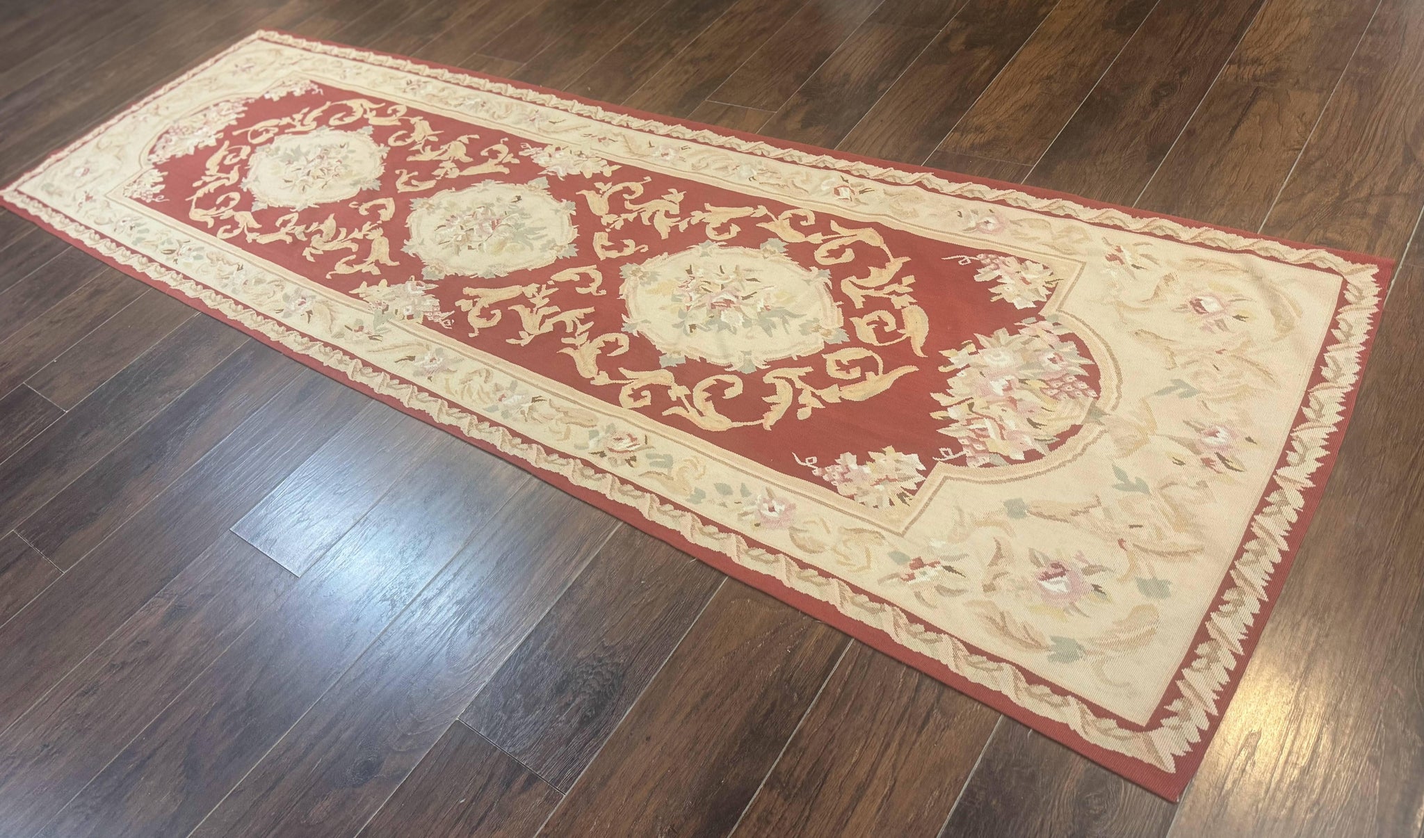Aubusson Runner Rug 3x10, European Design, Red and Beige, Elegant, Handmade Wool Rug by Jewel Rugs