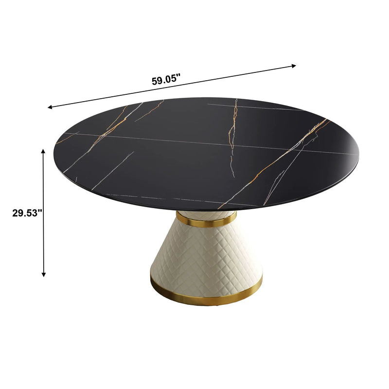 59.05" Modern Artificial Stone Round Carbon Steel Base Dining Table, Can Accommodate 6 People - Black / White by HouseOfZazla