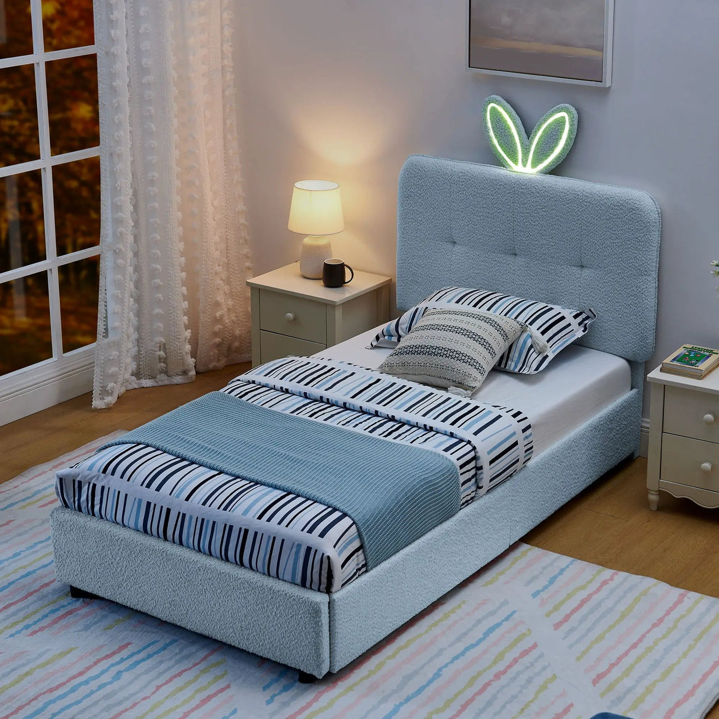 Upholstered Bed With Oversized Rabbit Ear Headboard, LED Lights & 4 Storage Drawers by Unique Piece Furniture