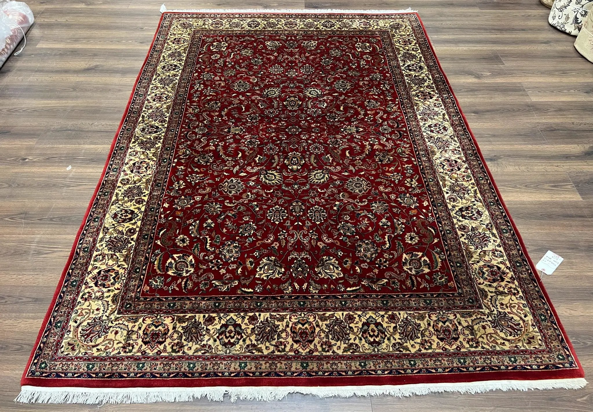 Vintage Indo Persian Rug 6x9, Very Finely Hand-Knotted Carpet 6 x 9 Red Cream Indian Oriental Carpet, Traditional Floral Wool Area Rug 1970s by Jewel Rugs