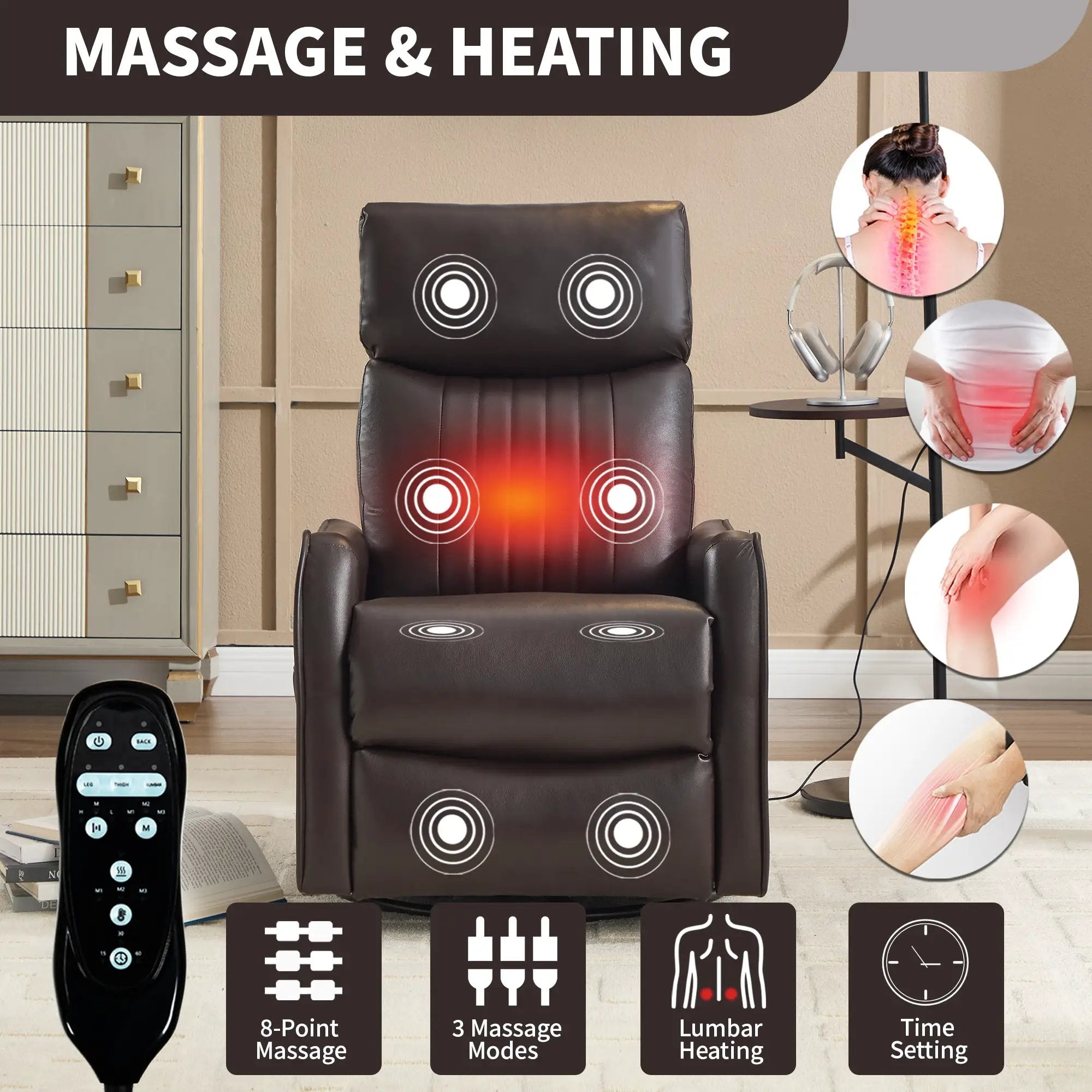 Brown Faux Leather Heat Massage Manual Recliner Chair by HouseOfZazla