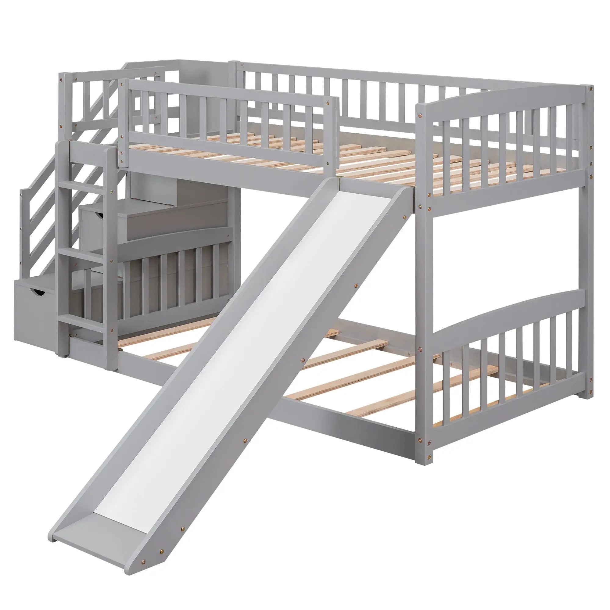 Twin Over Twin Bunk Stairway Bed With 2 Drawers And Slide - Gray by HouseOfZazla