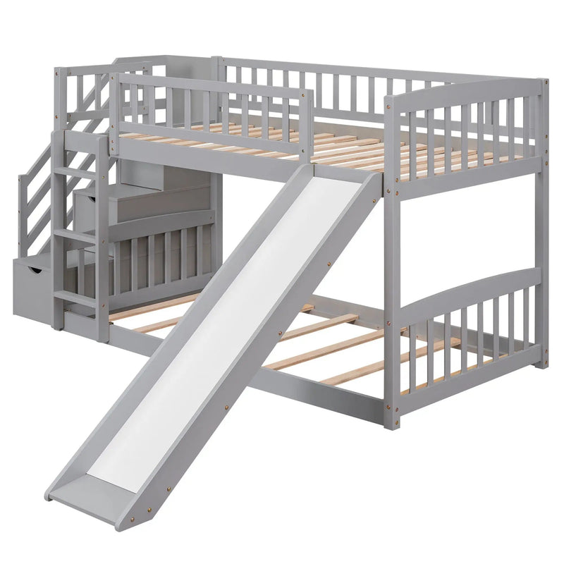 Twin Over Twin Bunk Stairway Bed With 2 Drawers And Slide - Gray by HouseOfZazla