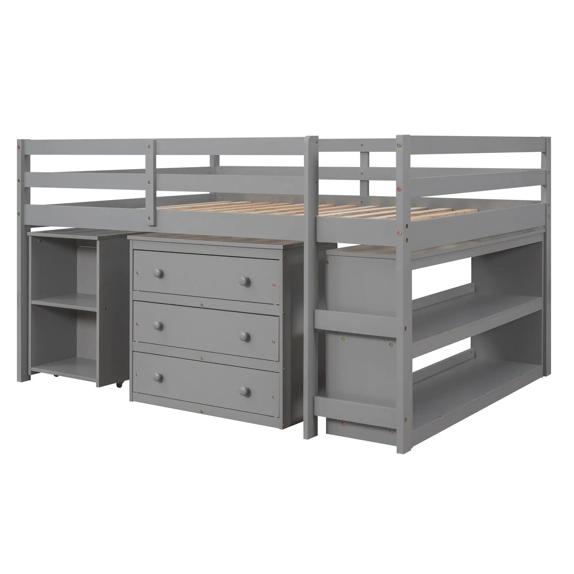 Loft Low Study Bed With Cabinet, Shelves And Rolling Portable Desk, Multiple Functions by HouseOfZazla