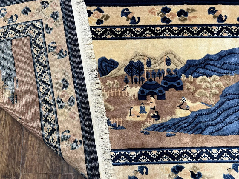 Antique Chinese Pictorial Rug 2.7 x 5, Chinese Village and Hills Carpet, Beige and Dark Blue, Handmade, Horizontal Rug Wall Hanging Tapestry by Jewel Rugs