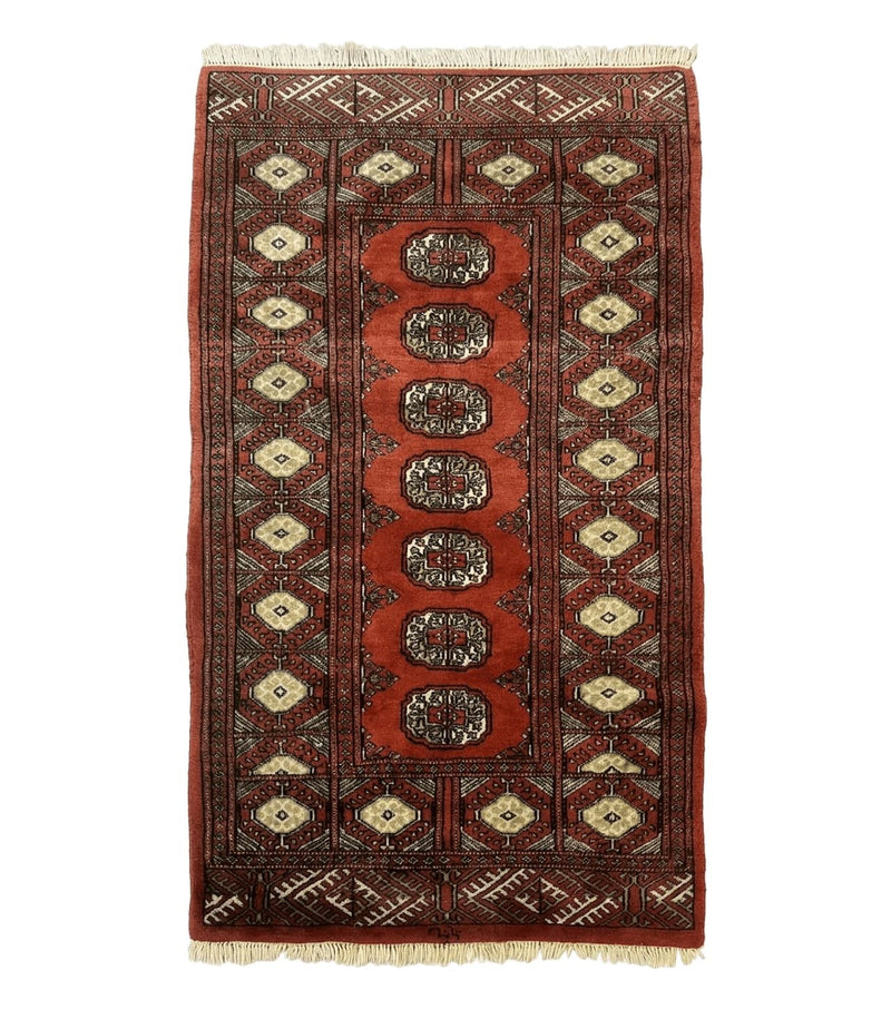 Red Pakistani Turkoman Rug 3x5, Bokhara Design, Vintage, Signed by Jewel Rugs