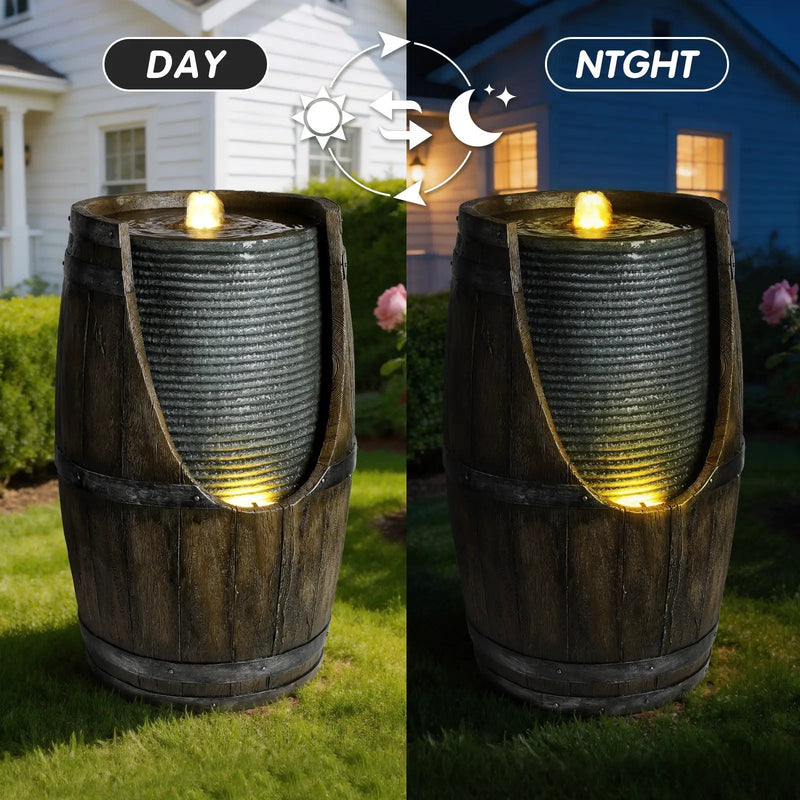 Wooden Barrel Style Outdoor Water Fountain with Lights by HouseOfZazla