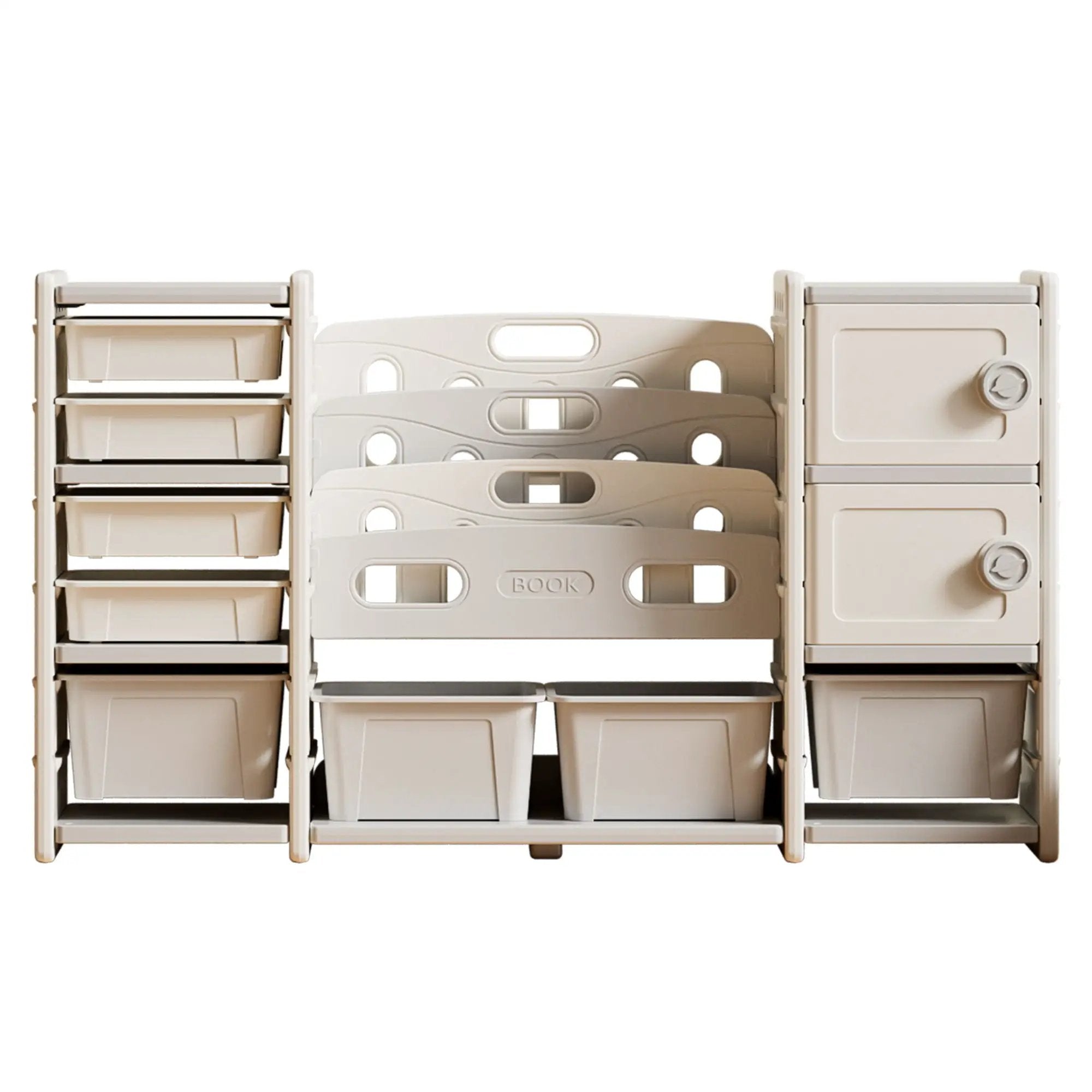Kids Toy Storage Organizer With 8 Removable Toy Bins, 4 Tier Bookshelf, And 2 Cabinet Storage - Gray / Ivory by HouseOfZazla