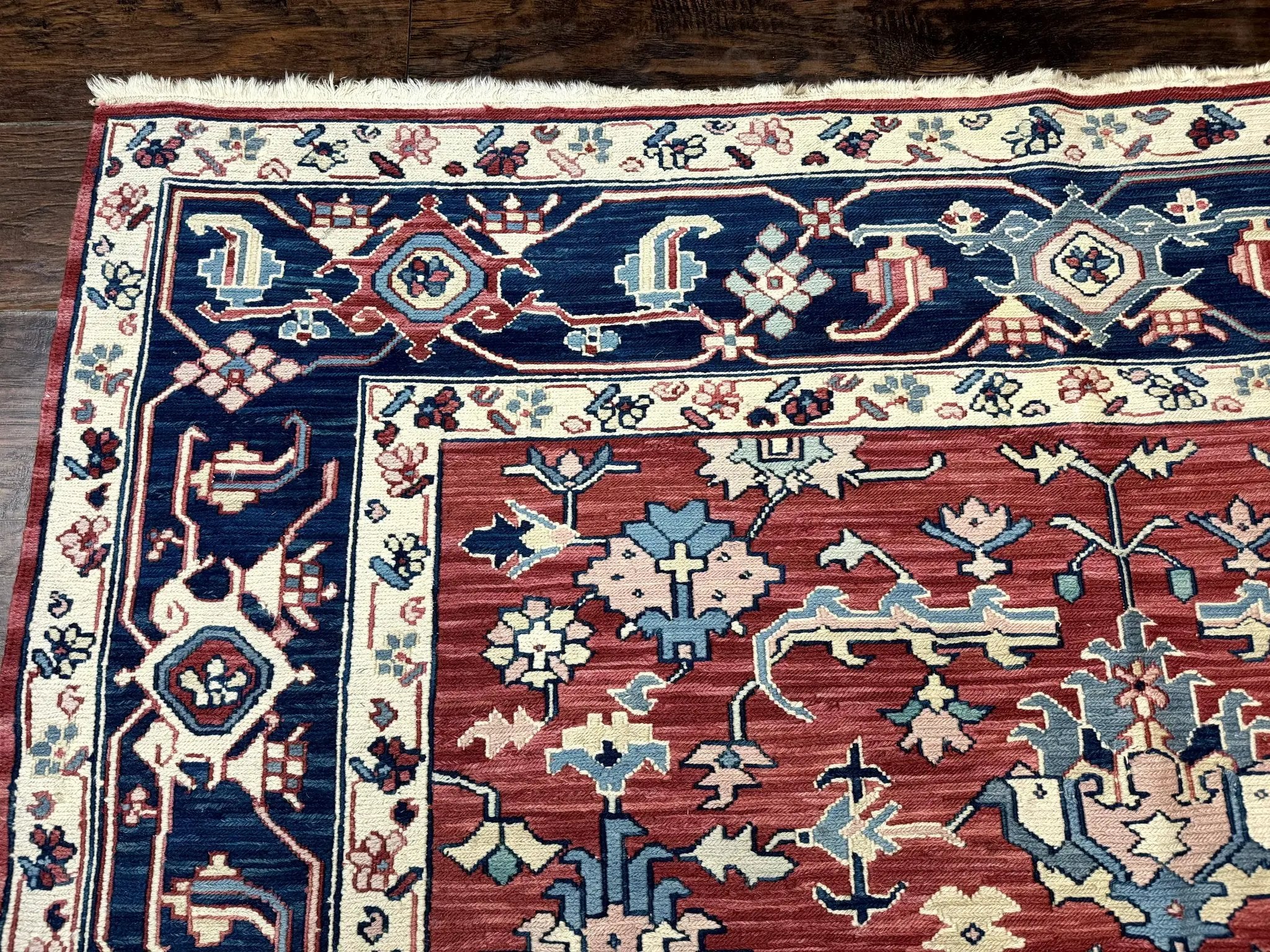 Turkish Flatweave Rug 6x9, Heriz Design, Red and Blue by Jewel Rugs