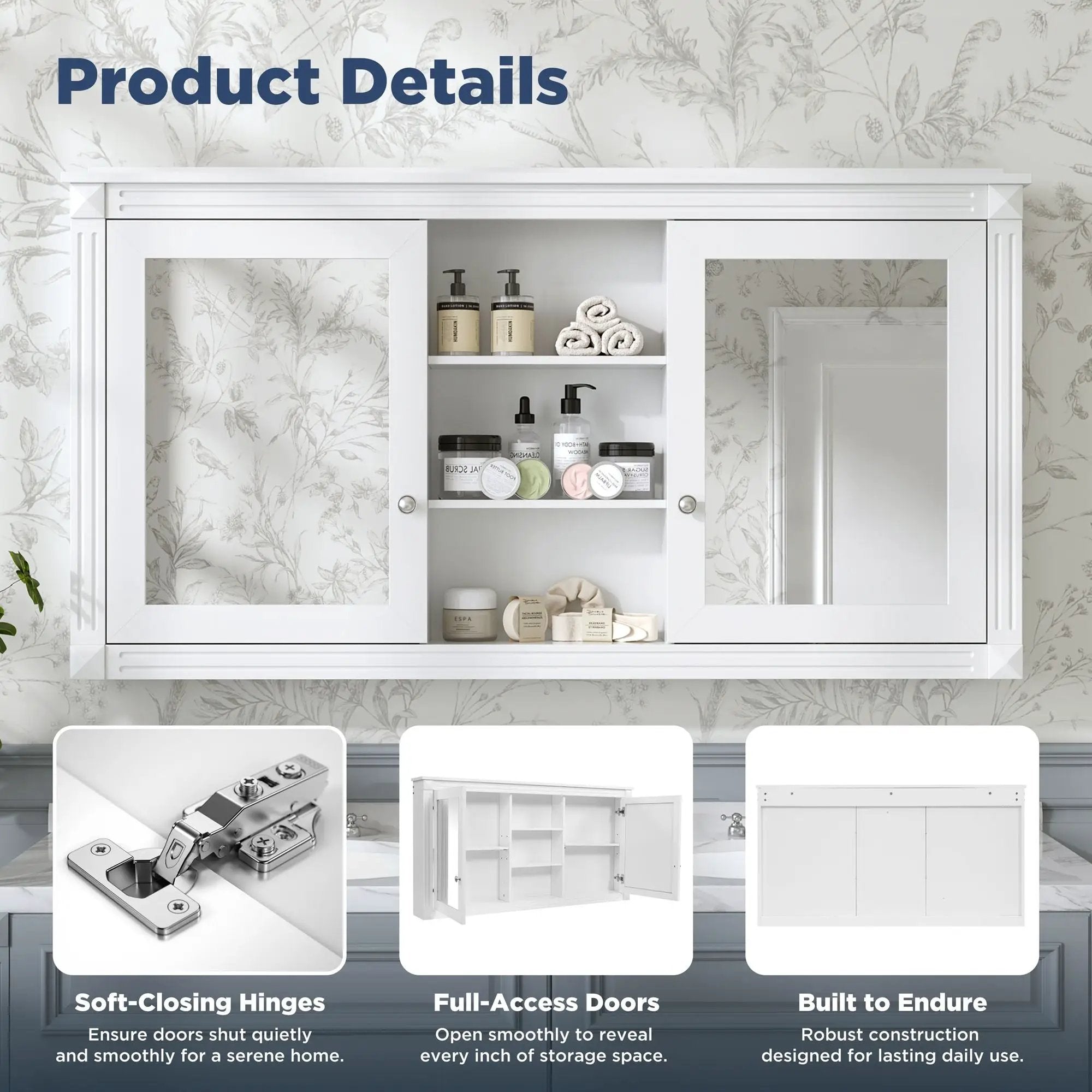 Modern Wall-Mount 2 In 1 Mirror Cabinet With Adjustable Shelves, Soft-Closing Hinges