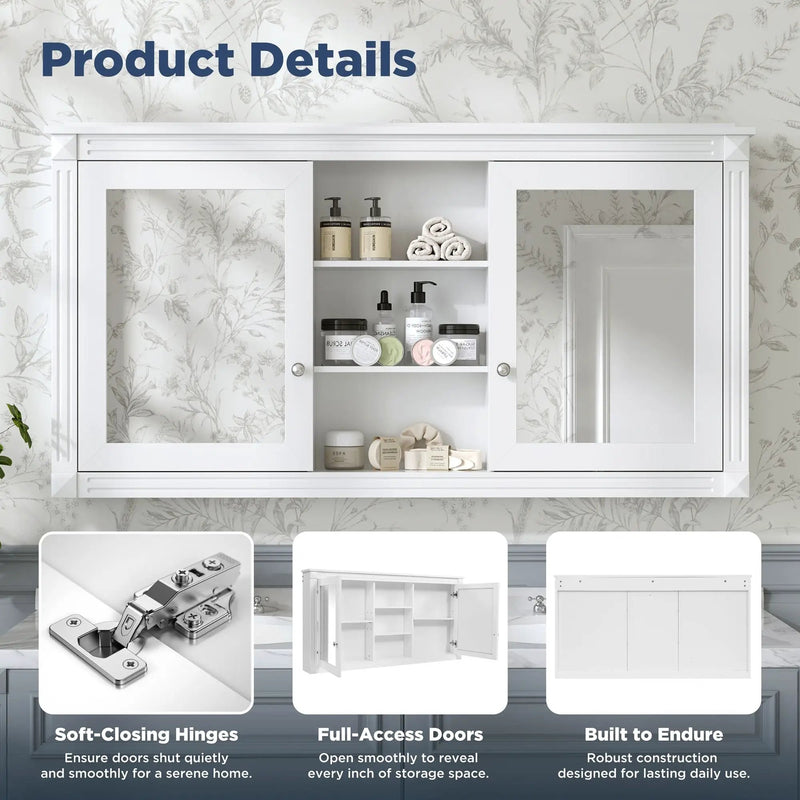 Modern Wall-Mount 2 In 1 Mirror Cabinet With Adjustable Shelves, Soft-Closing Hinges