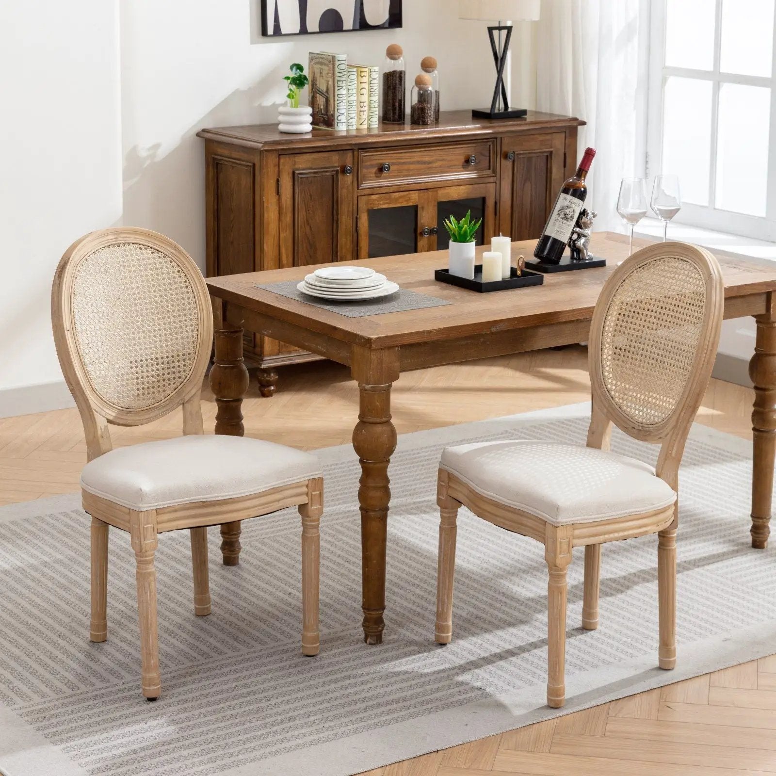 French Style Solid Wood Frame Antique Painting Fabric Rattan Back Dining Chair (Set of 2) by Unique Piece Furniture