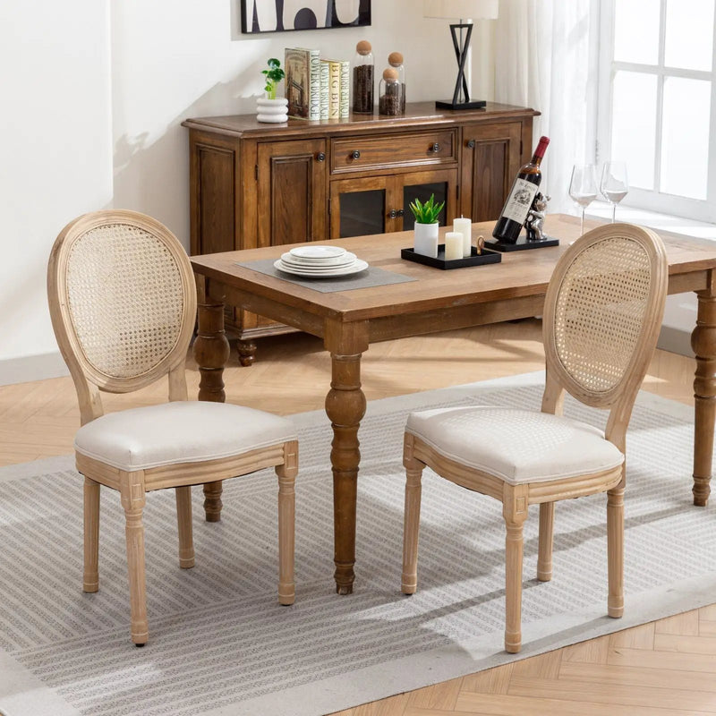 French Style Solid Wood Frame Antique Painting Fabric Rattan Back Dining Chair (Set of 2) by Unique Piece Furniture