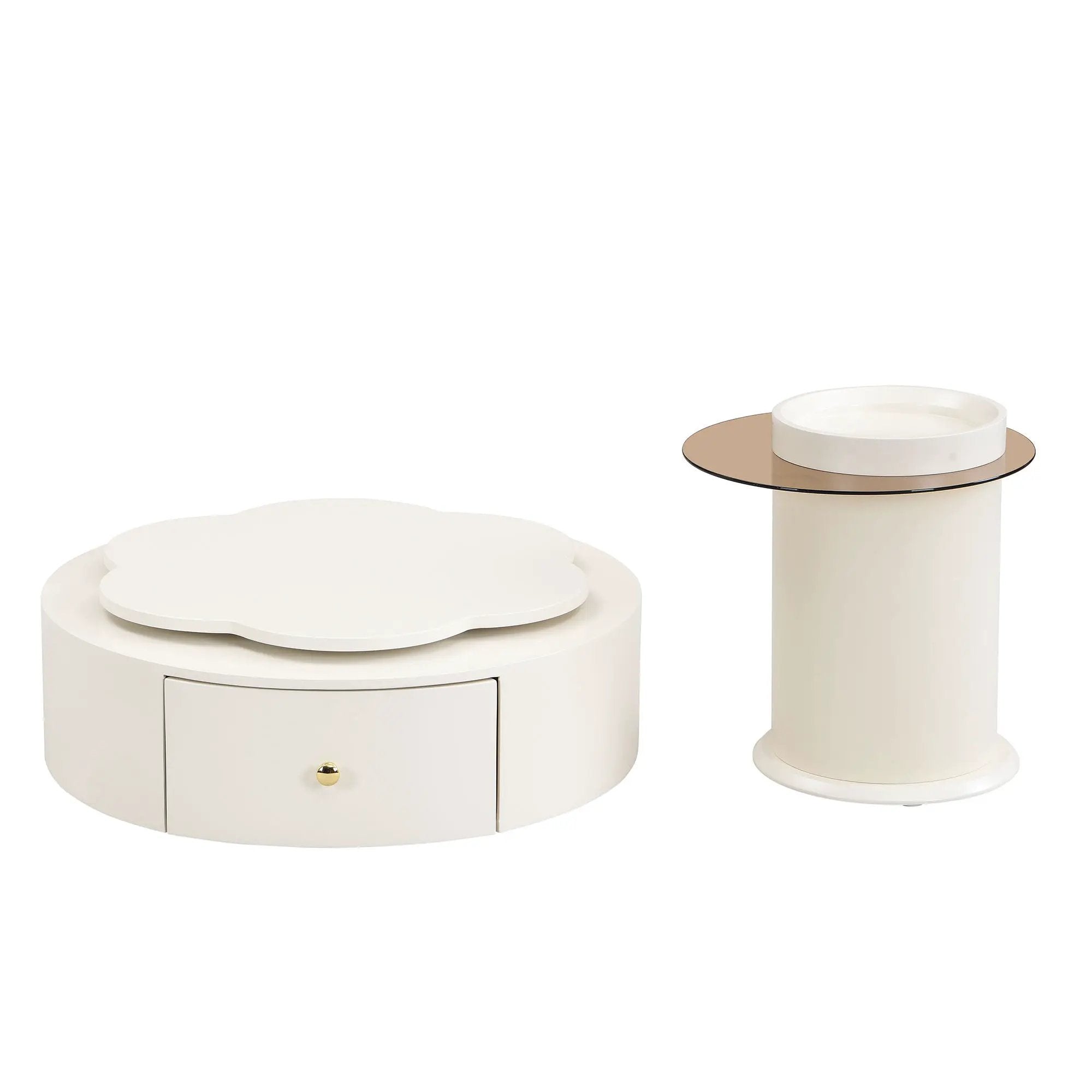 Modern Round Coffee Table (Set of 2), 360 Degree Rotatable Flower Shaped Top With 2 Drawers, Top Circle Side Table End Table With Glass For Living Room - Off White by HouseOfZazla