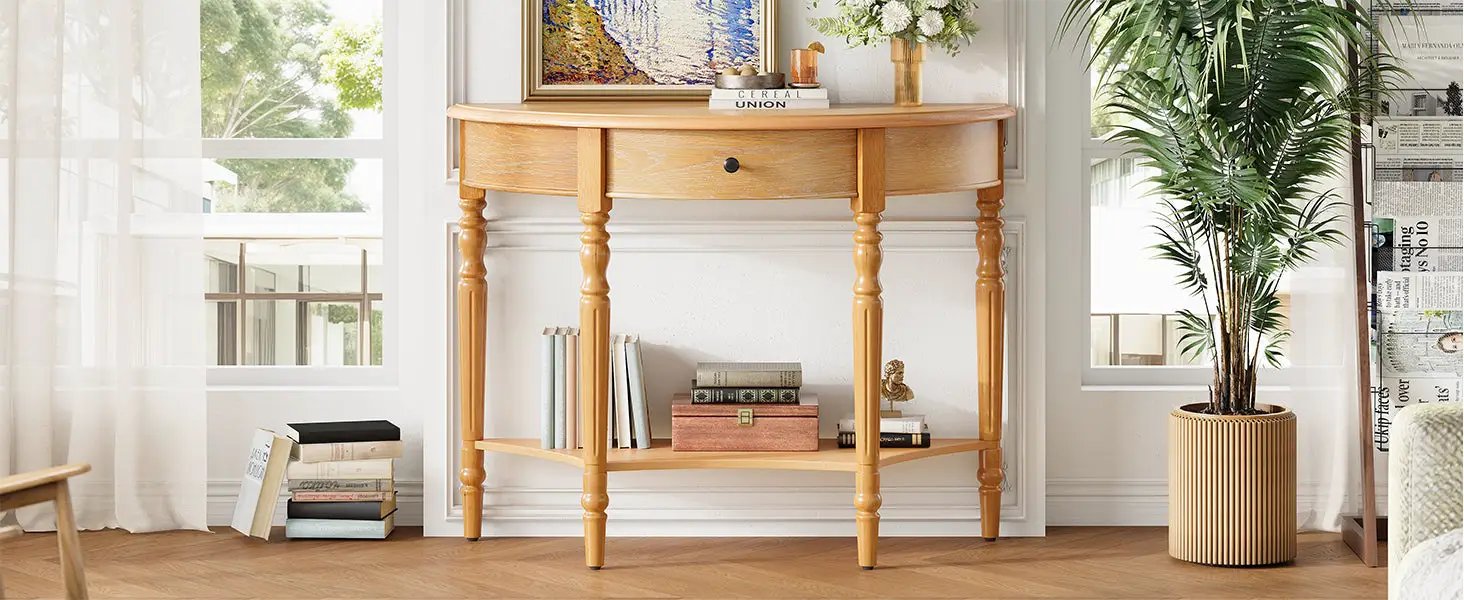 TREXM Farmhouse Half Moon Console Table with Drawer & Shelf by HouseOfZazla