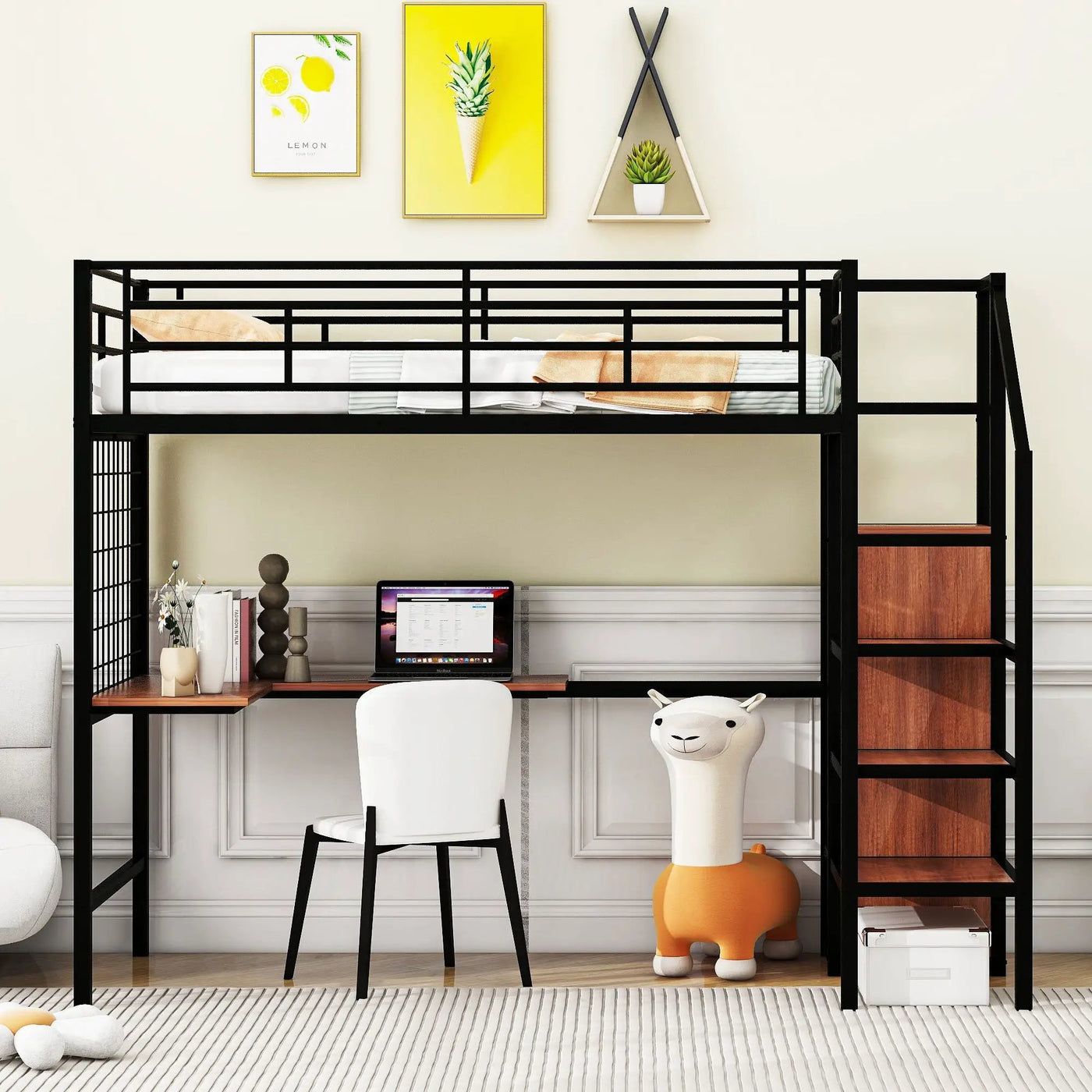 Loft Bed With Desk And Grid, Stylish Frame With Lateral Storage Ladder And Wardrobe by Unique Piece Furniture