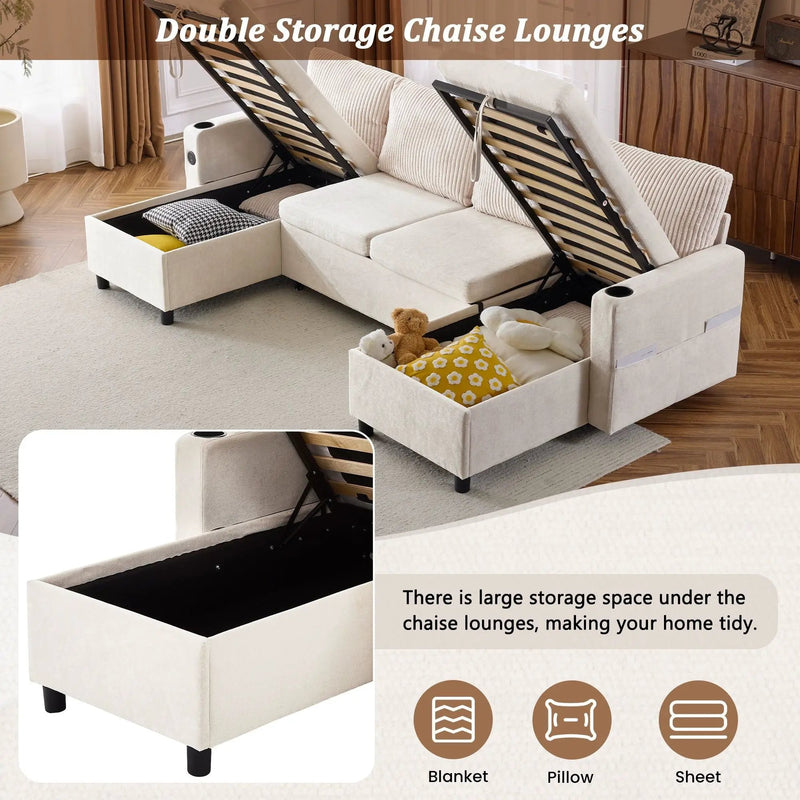 Sectional Sofa Bed With Pull Out Sleeper, USB Ports, Cup Holders by HouseOfZazla