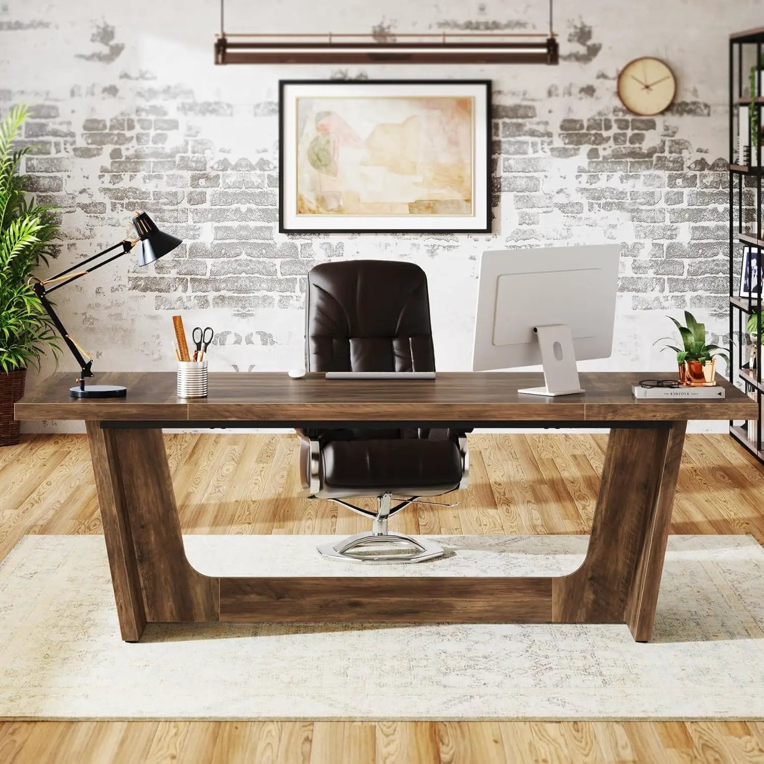 Executive Desk For Home Office, Computer Table With Pedestal, Large Writing Workstation - Brown by HouseOfZazla