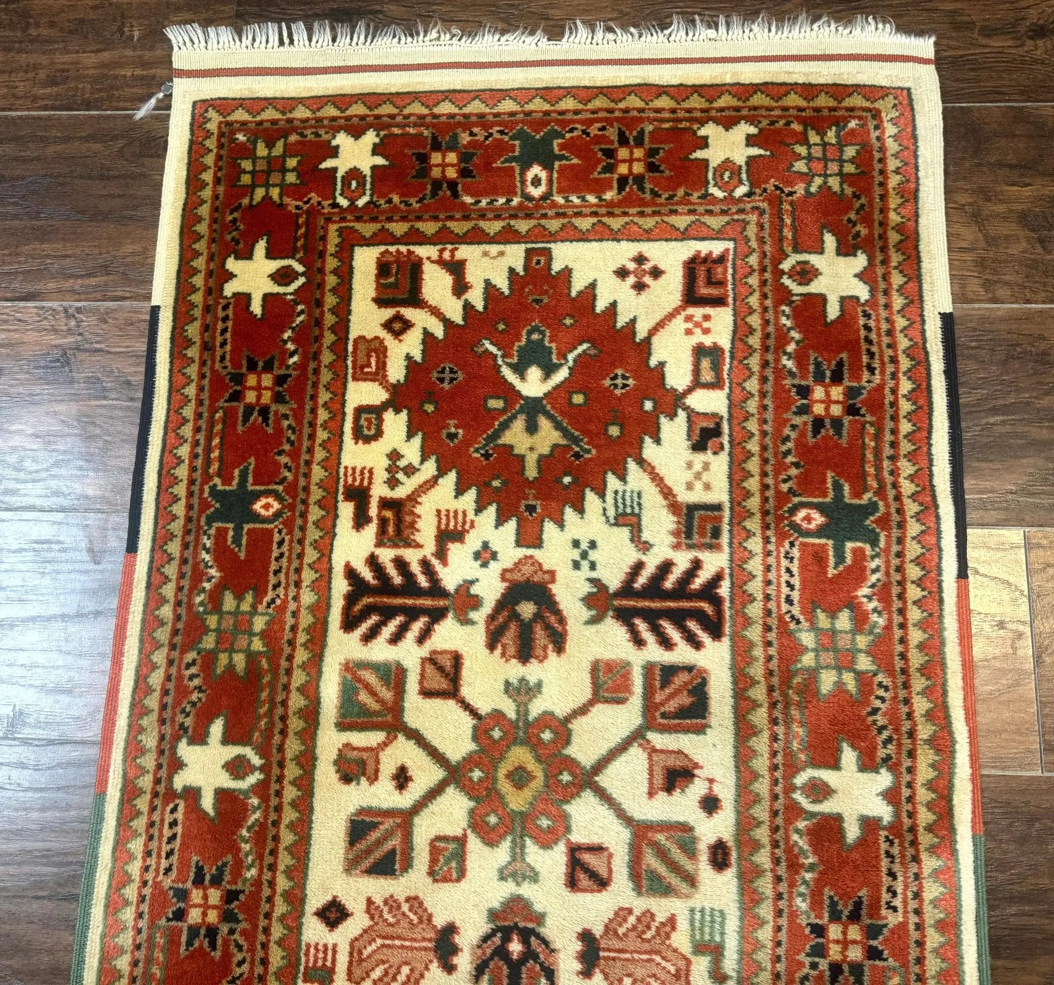 Turkish Runner Rug 2.4 x 8, Kazak Geometric Heriz Pattern, Beige Red by Jewel Rugs
