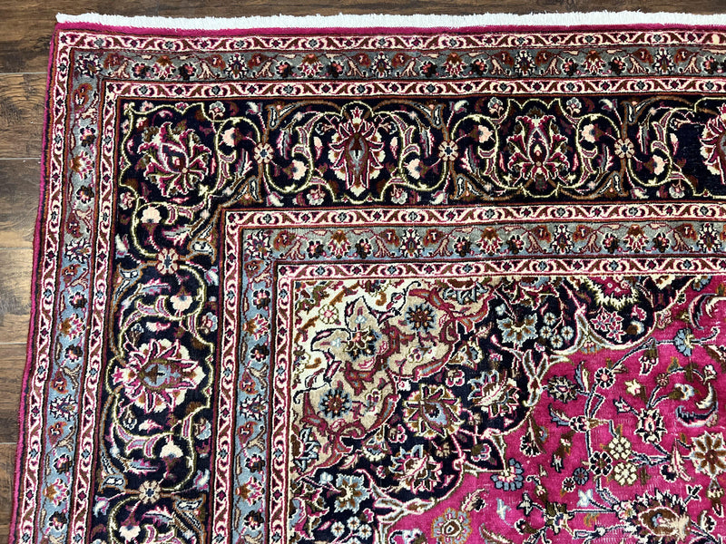 Persian Rug 10x13, Wool Hand Knotted Antique Kashmar Carpet, Raspberry Red & Navy Blue, Floral Medallion, Traditional Oriental Rug 10 x 13 by Jewel Rugs