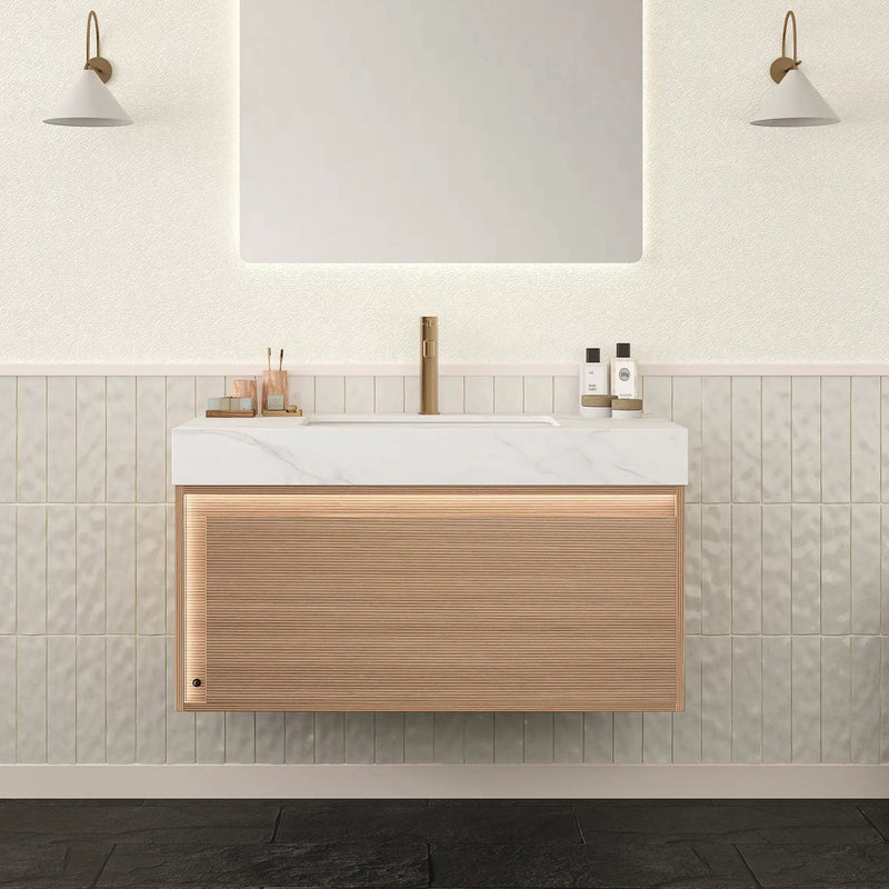 Nyah 36'' Bathroom Vanity & Sink, Floating Ultra-Slim Grille Plywood Cabinet, Drawer with Sensor Light, Carrara by HouseOfZazla