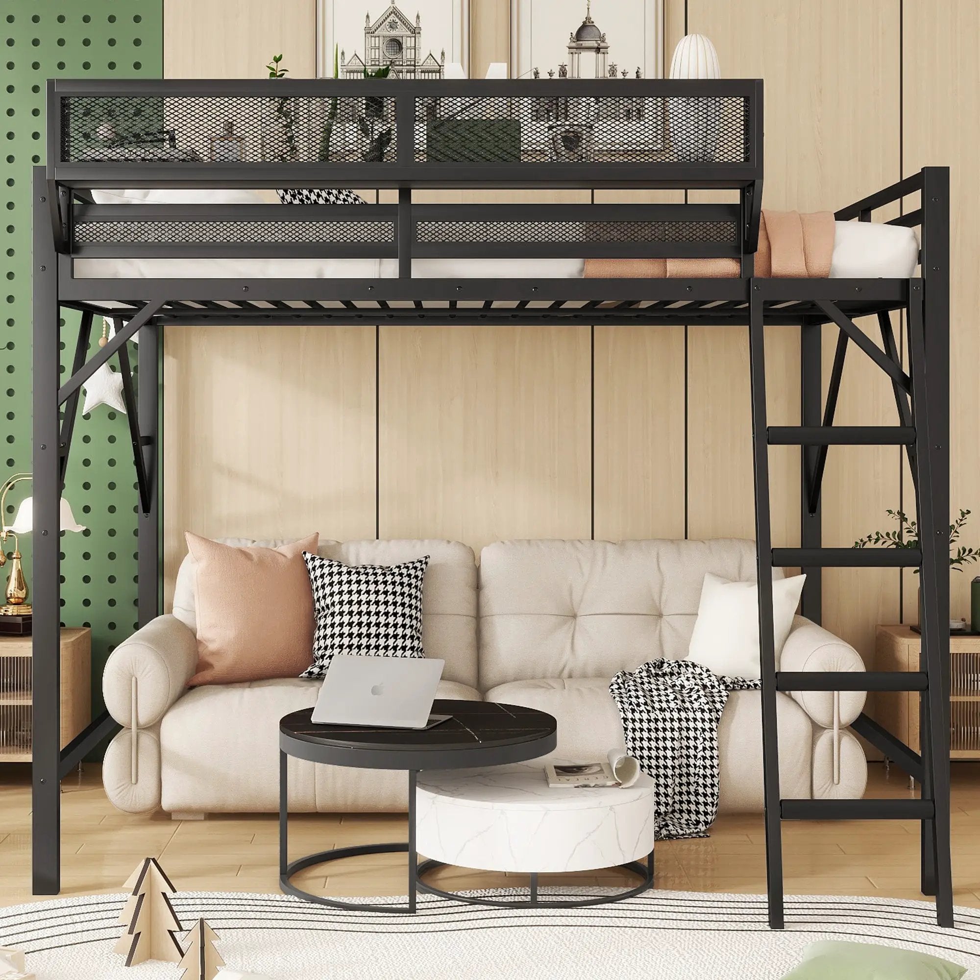 Full Size Loft Bed with Ladder and Storage Shelves by HouseOfZazla