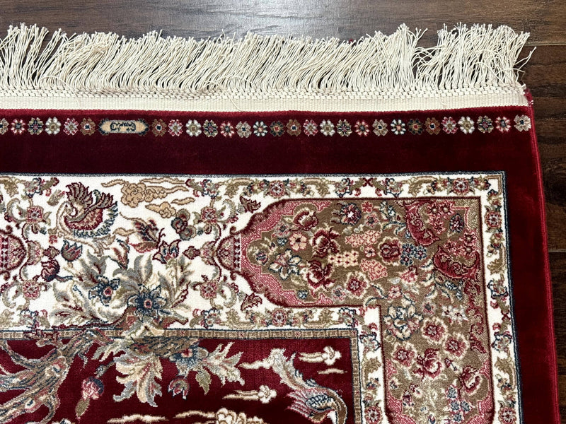 Dark Red Turkish Silk Rug 2.6 x 4, Hunting Design Scene, Bamboo Silk by Jewel Rugs