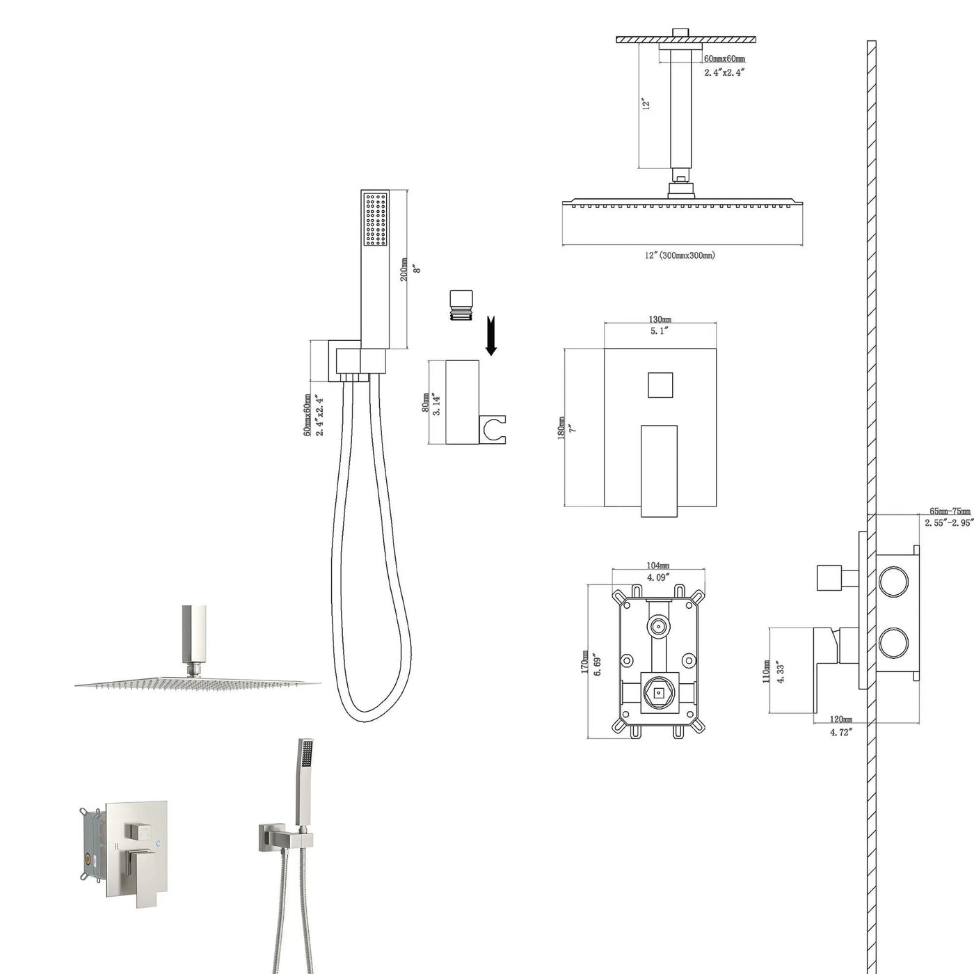 Dual Shower Head System With 12" Square Rain Shower And Rough In Valve by HouseOfZazla