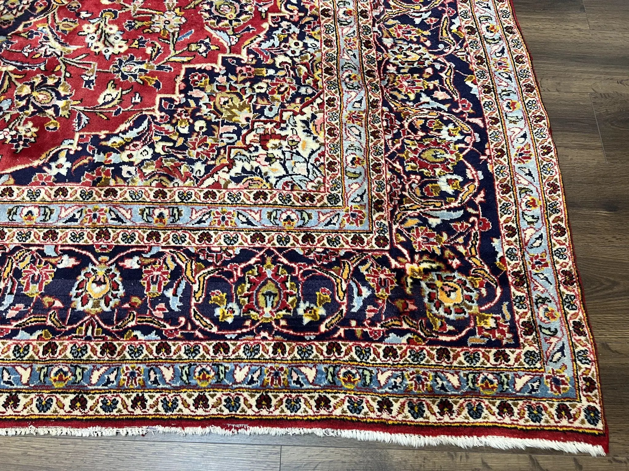 Persian Kashan Rug 9x12, Red Navy Blue, Allover Floral Medallion & Corner Design, Handmade Wool Oriental Carpet, Semi Antique Traditional Carpet by Jewel Rugs