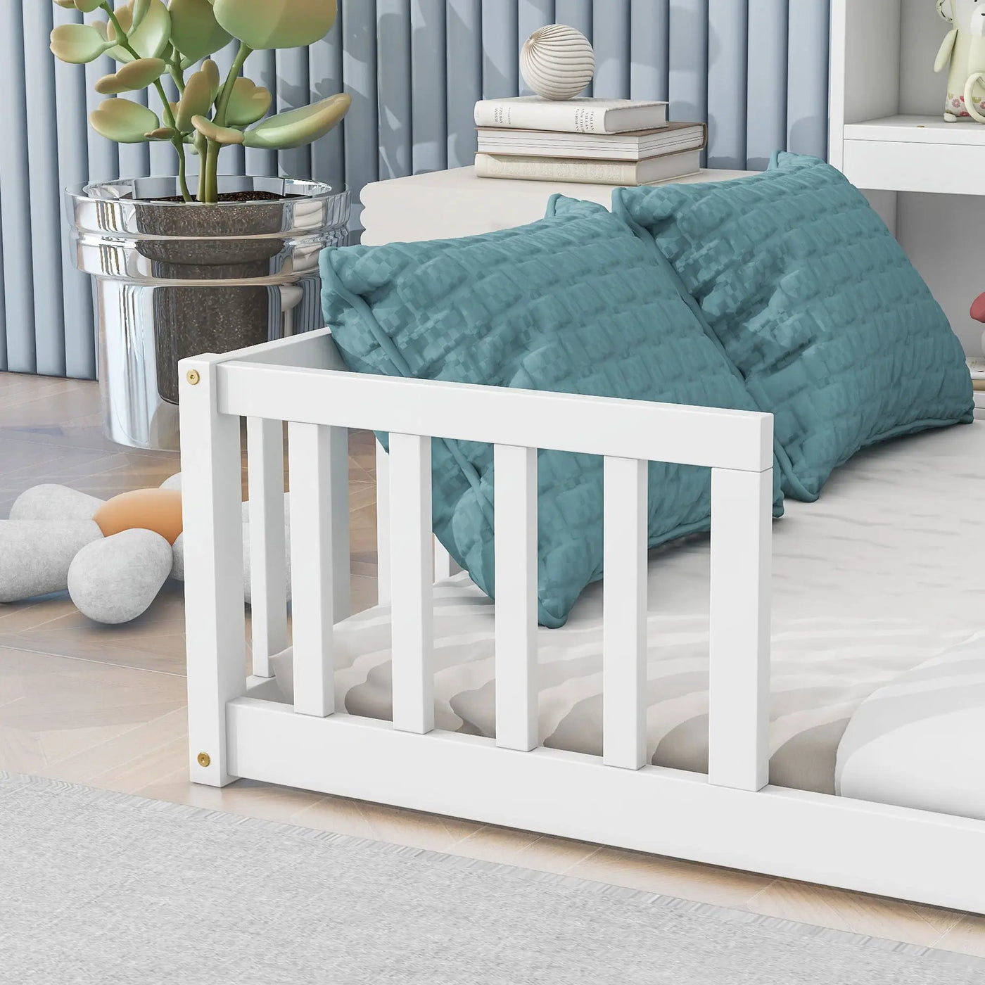 Floor Bed With Side Bookcase, Shelves, Guardrails by Unique Piece Furniture