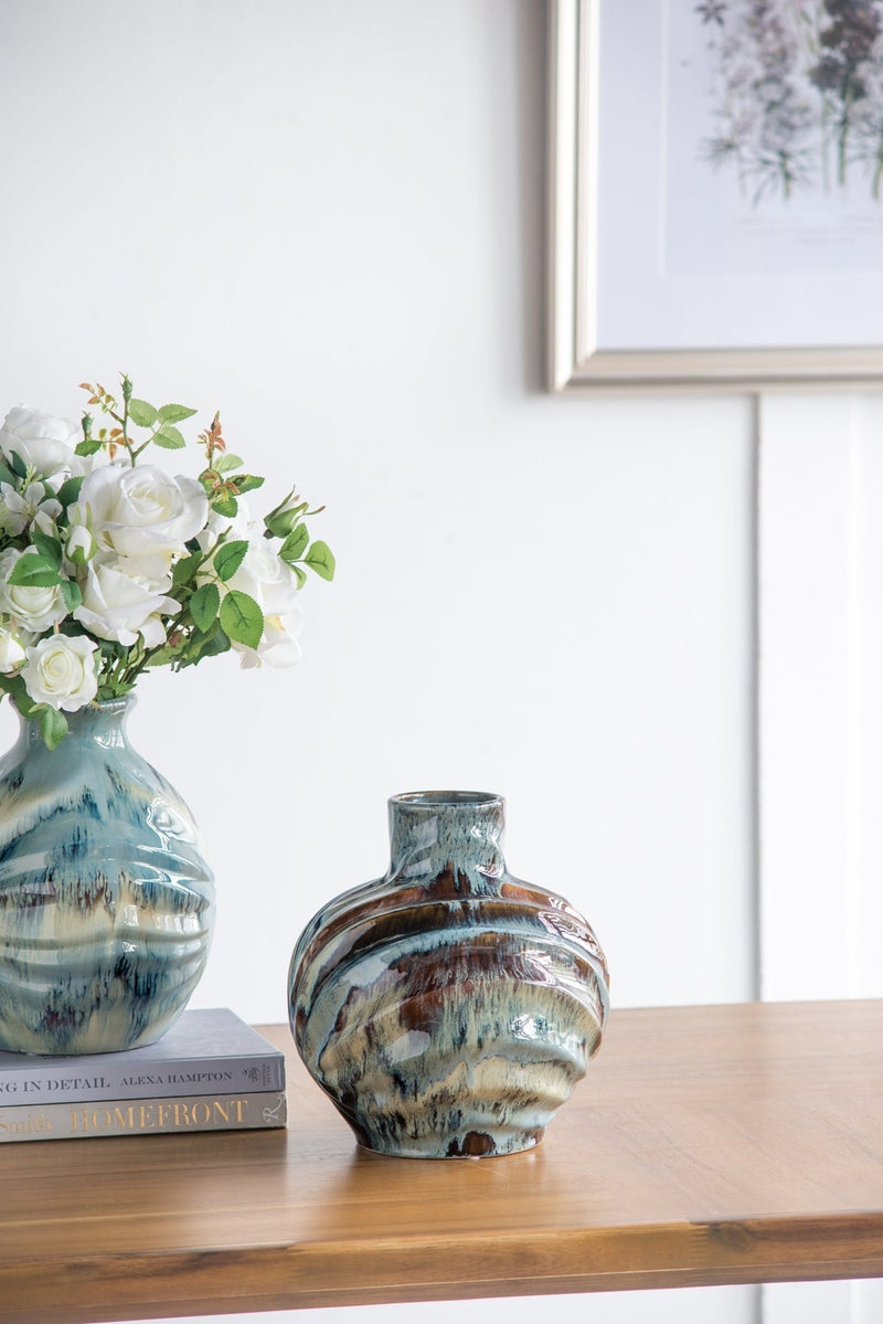 9.4x9.4x11" Blue and Brown Reactive Glazed Accent Vase by HouseOfZazla