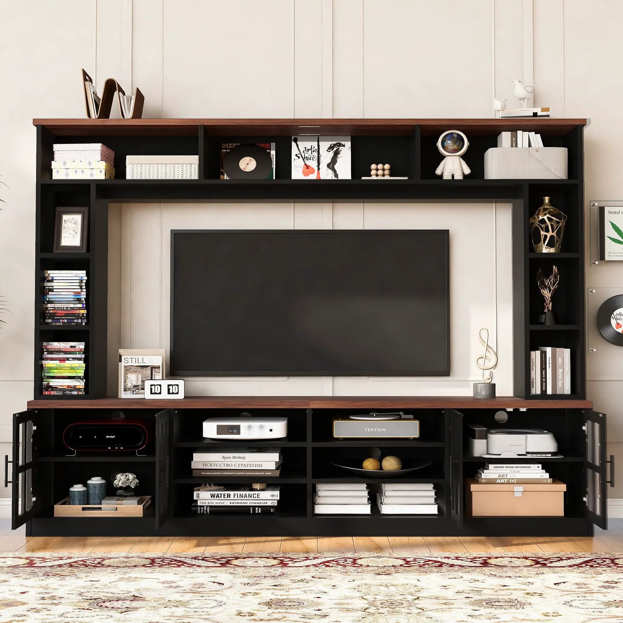 Wall Unit Entertainment Center With Bookshelves For TVs Up To 80", Tempered Glass Doors And Adjustable Shelves by HouseOfZazla