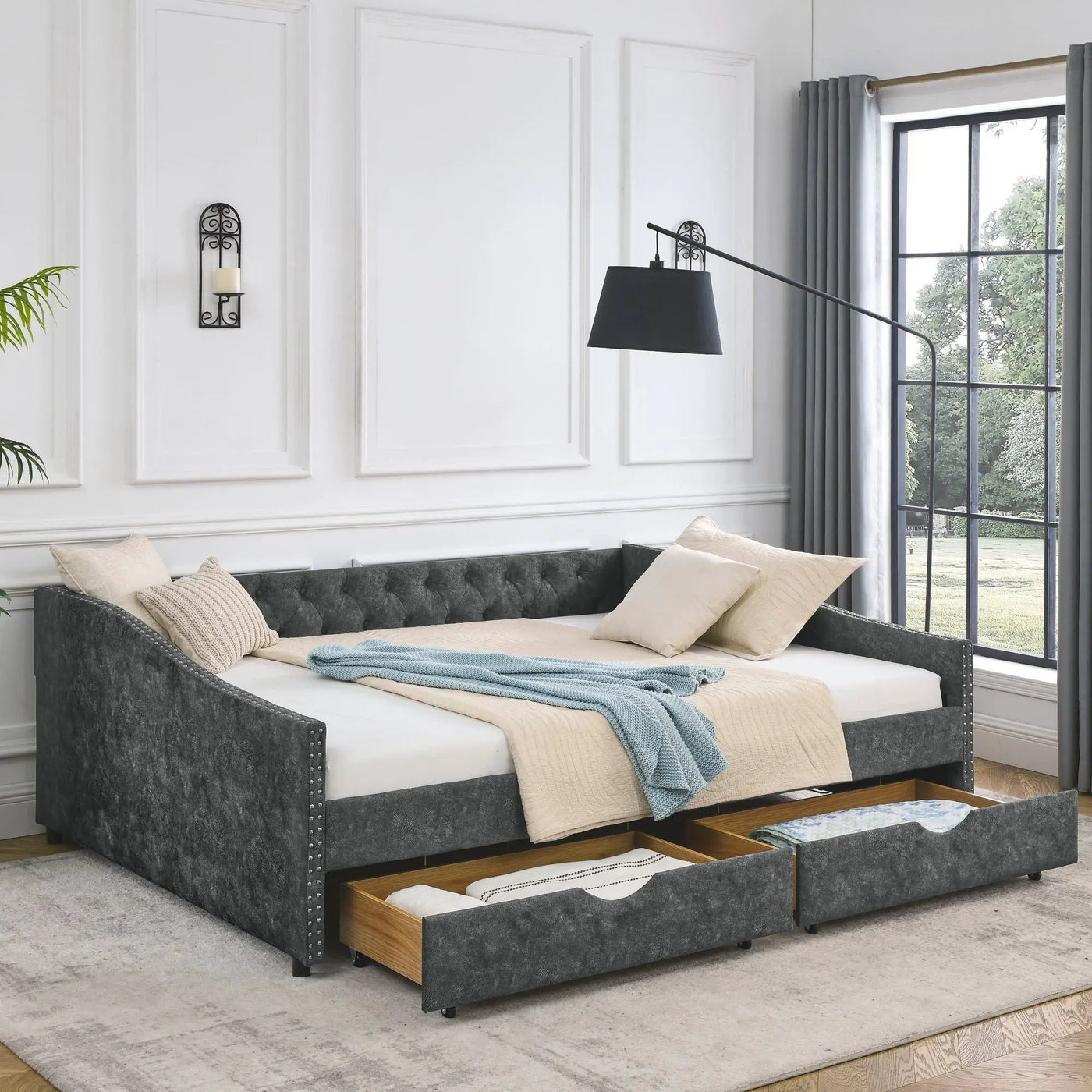 Upholstered Tufted Daybed With Drawers, Waved Arms by Unique Piece Furniture