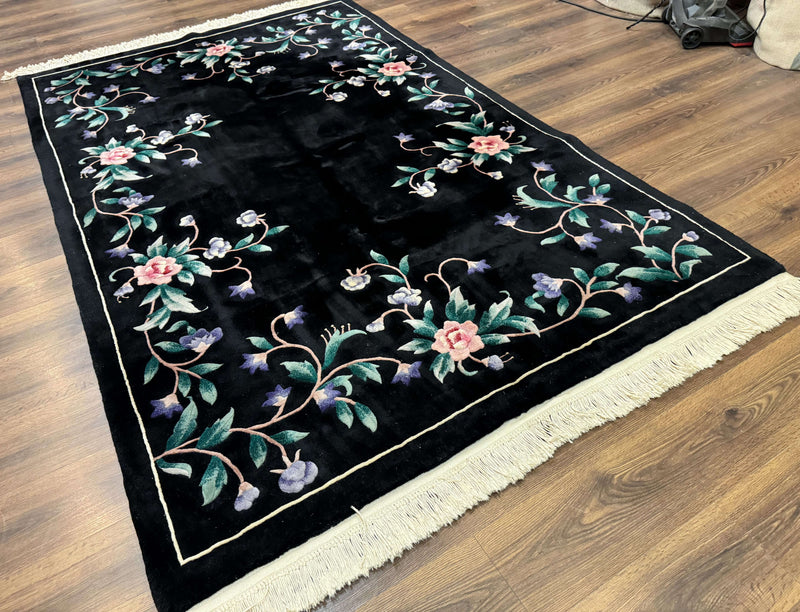 Chinese Wool Rug 6x9, Black, Floral, Minimal Design, 90 Line Carpet, Vintage Art Deco Rug by Jewel Rugs