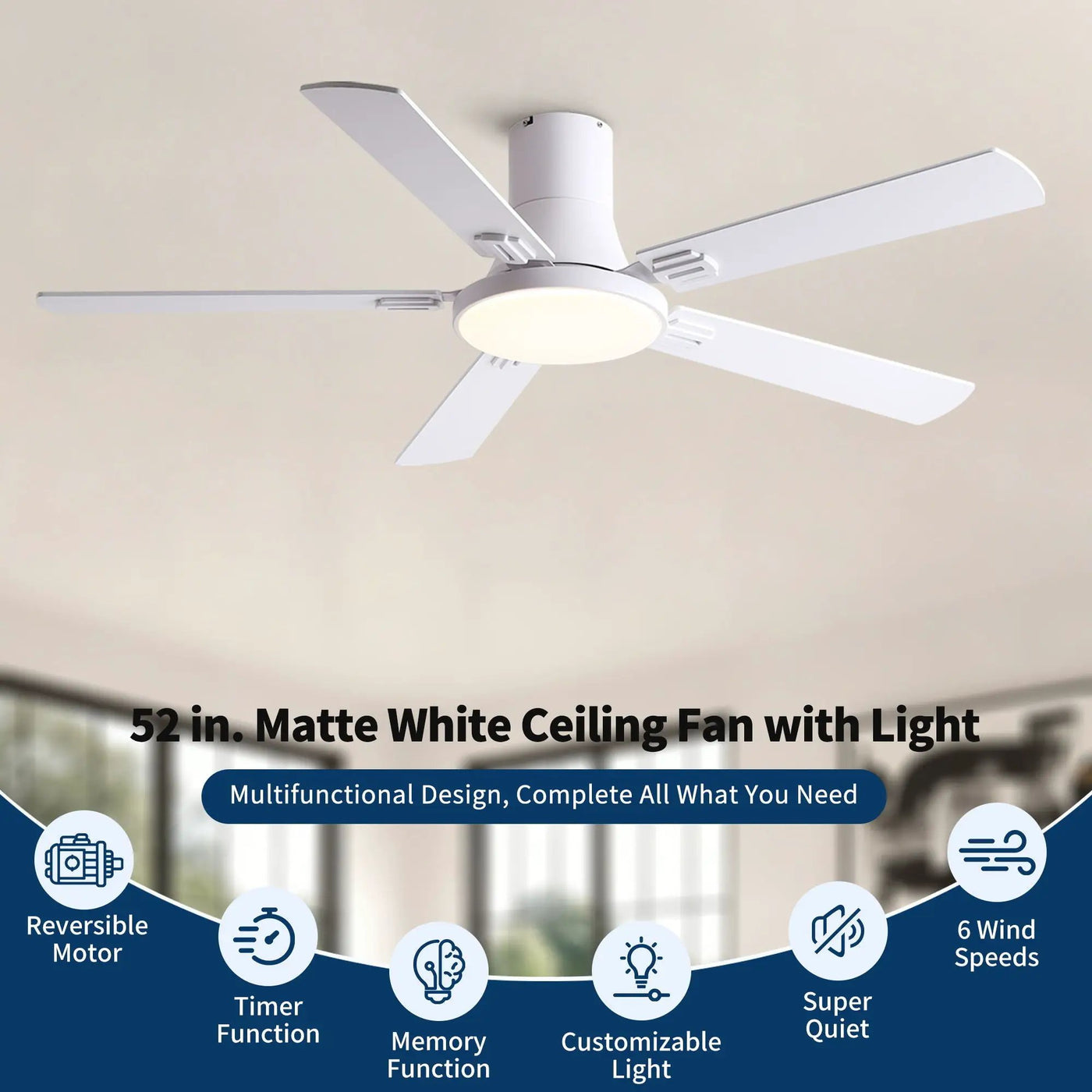 Flush Mount Ceiling Fans With LED Light And Remote Control, 5 Blades by HouseOfZazla