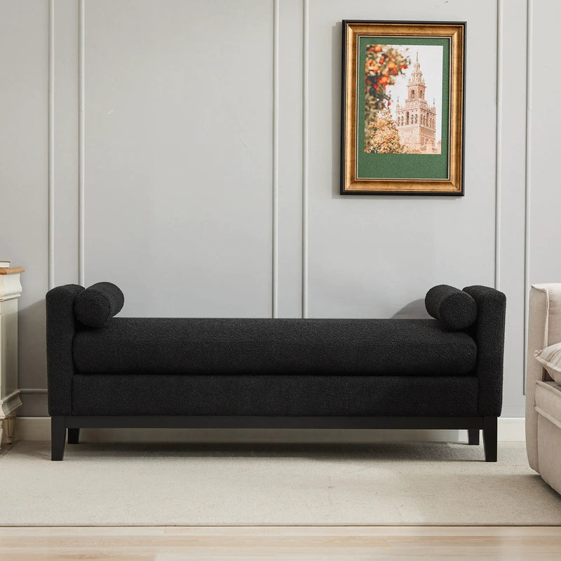 Elegant Upholstered Bench, Daybed, Ottoman With Wood Legs & 2 Bolster Pillows - Black Boucle by Unique Piece Furniture