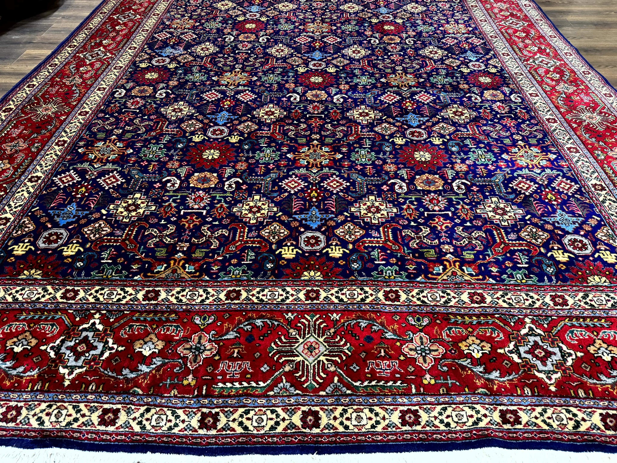 Large Persian Tabriz Rug 10x16, Navy Blue and Red, Allover Pattern, Vintage Hand Knotted Wool Carpet by Jewel Rugs