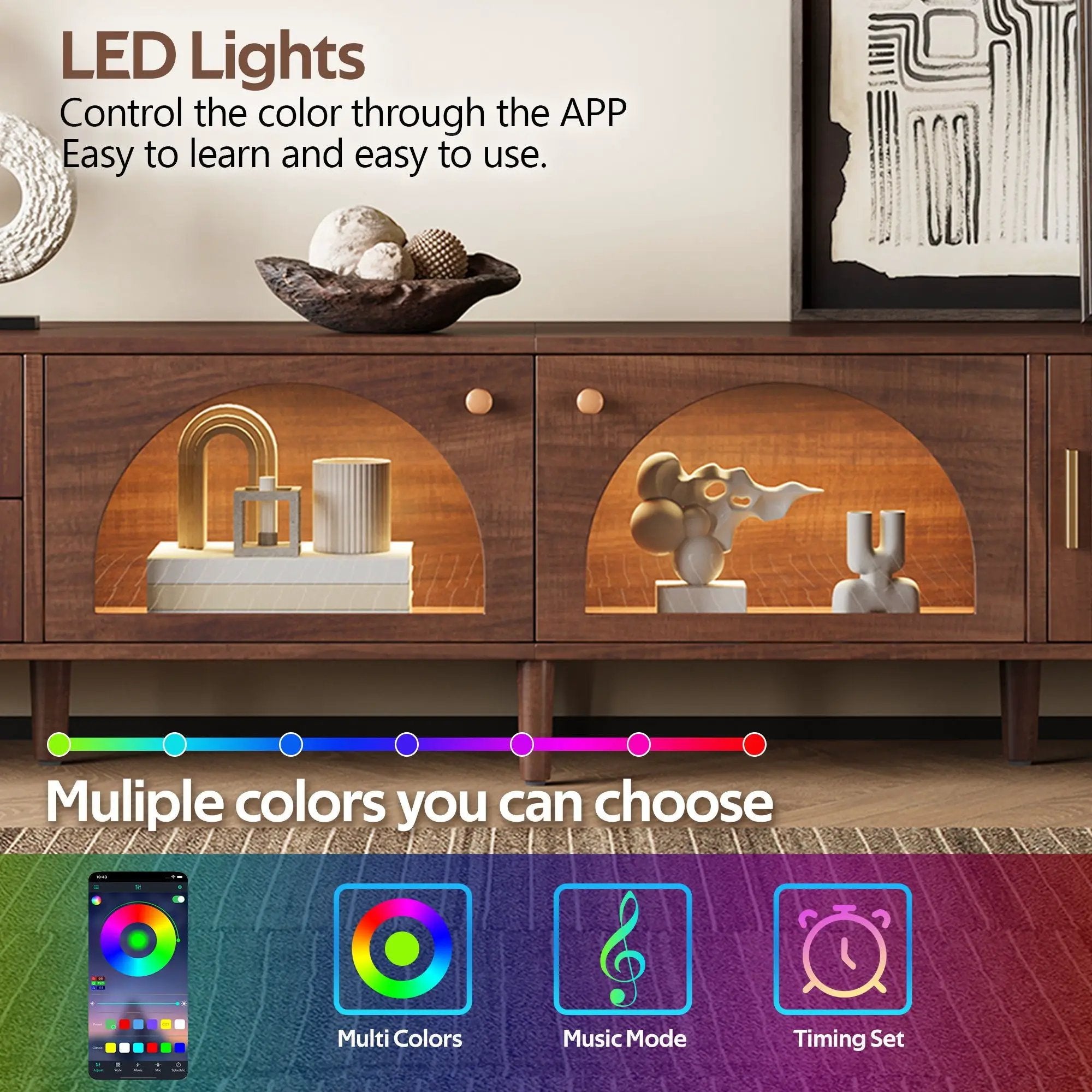 TV Stand For TVs Up To 90", Media Console With App Controlled LED Lights, 2 Drawers & Door Storage - Dark Brown by Unique Piece Furniture