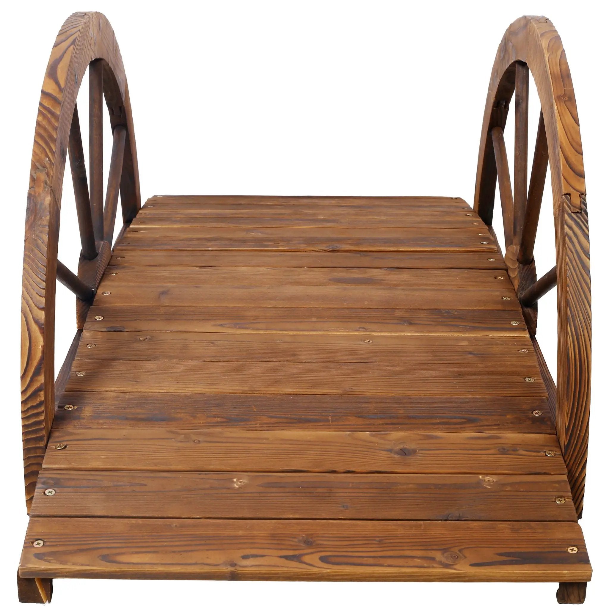 Wooden Garden Bridge Arc Footbridge With Half Wheel Railings Solid Fi - Brown by HouseOfZazla