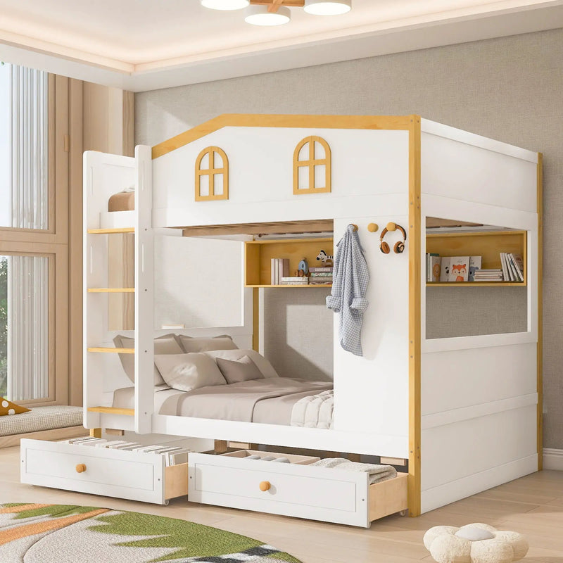 Twin Over Twin Bunk Bed With House Shaped Guardrails, Storage Shelves & Drawers - White / Natural by HouseOfZazla