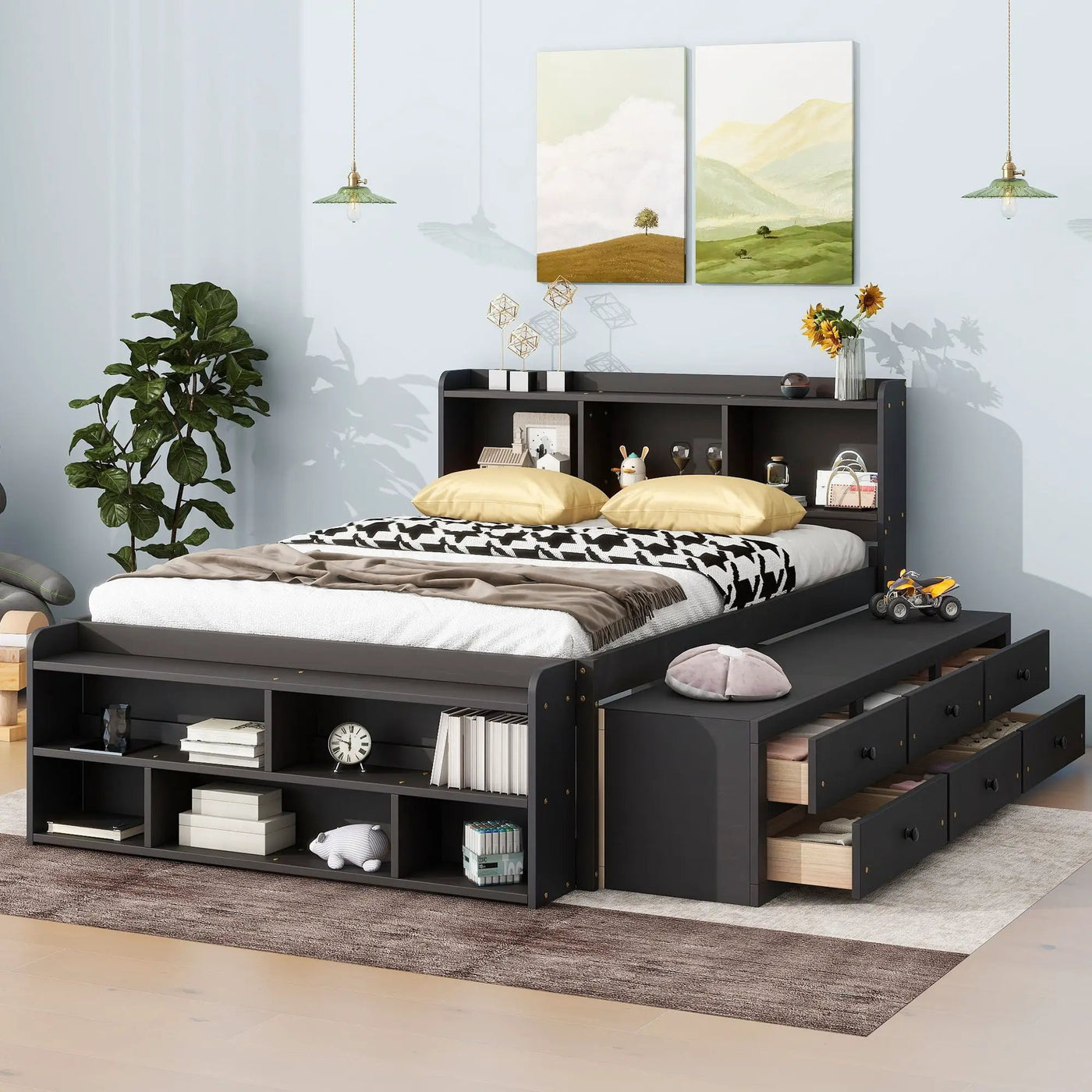 Bed With Bookcase Headboard, Under Bed Storage Drawers And Bed End Storage Case by Unique Piece Furniture
