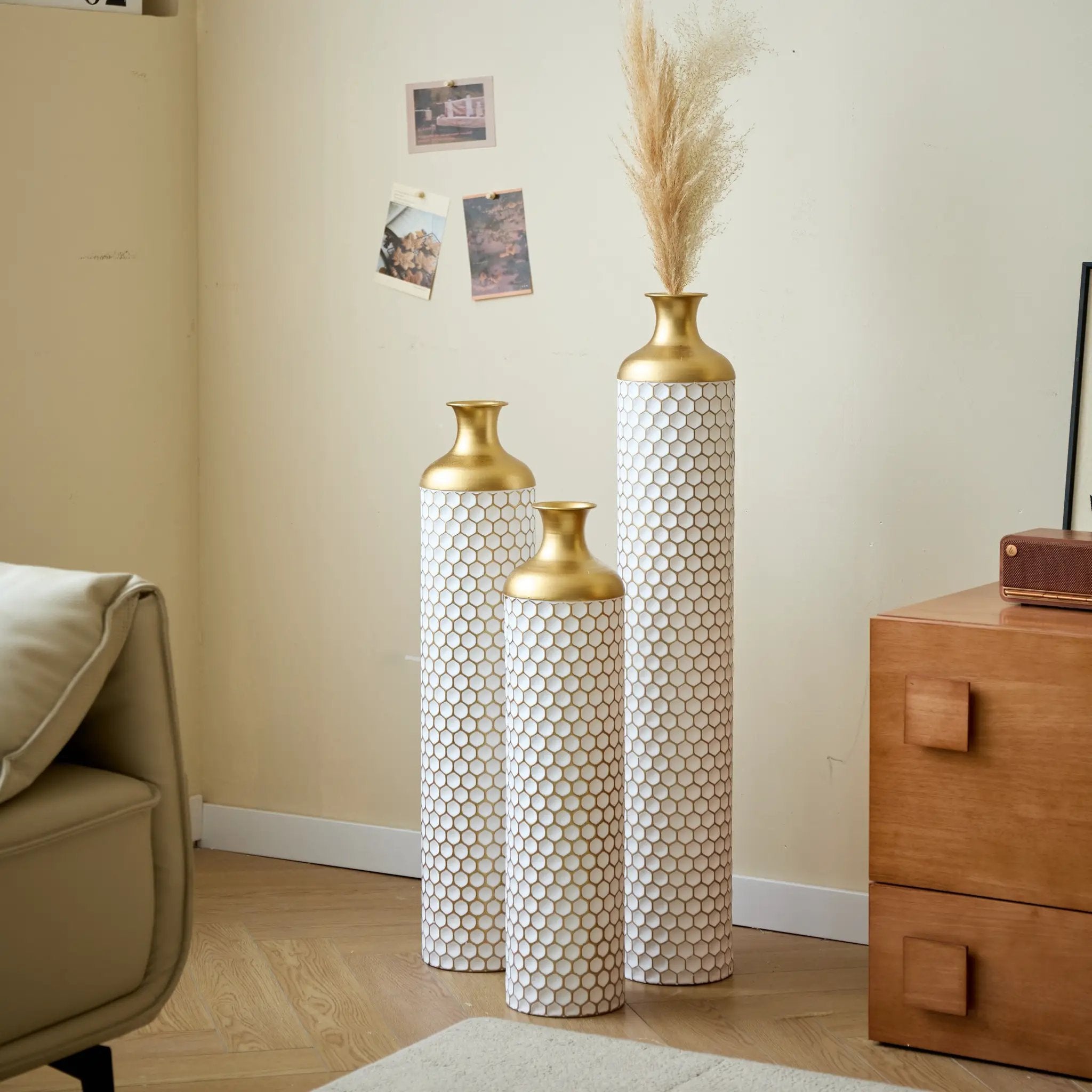 3-Piece Modern Metal Vase Set - White & Gold by HouseOfZazla