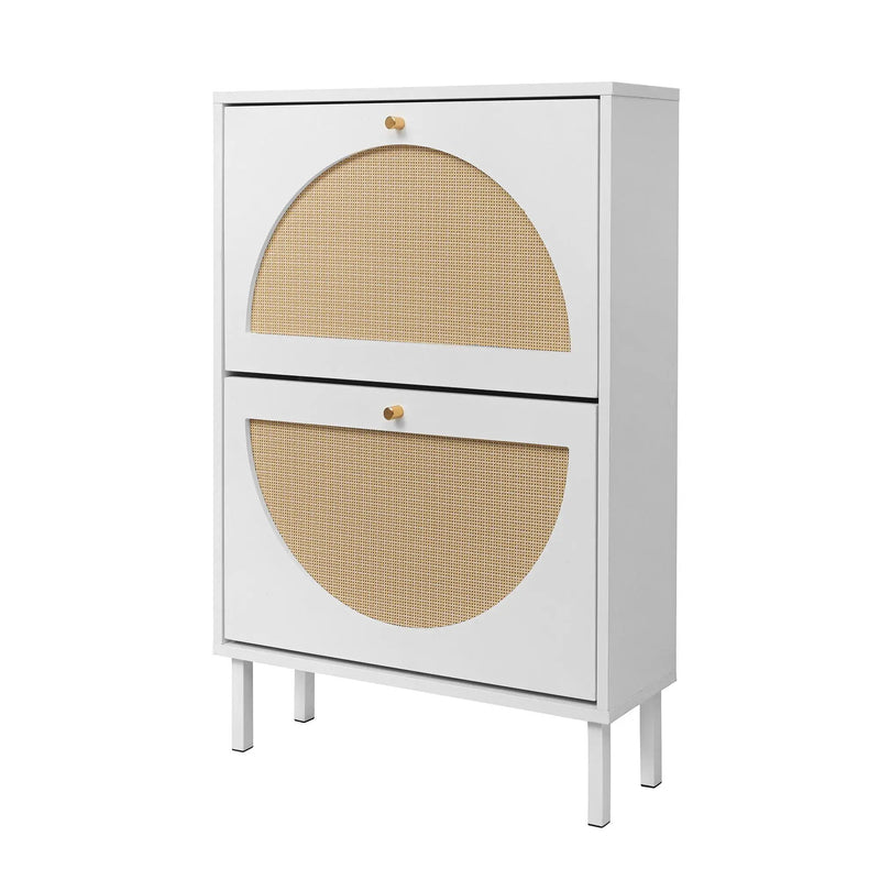 2 Door Shoe Rack, Rattan, Double Layer, Suitable For Living Room, Hallway - White by HouseOfZazla