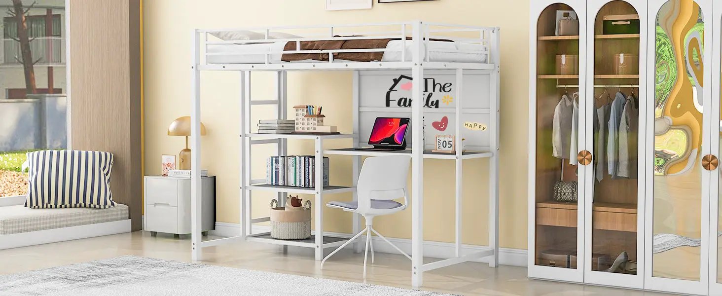 Metal Loft Bed With Desk, 3 Shelves And Ladder by HouseOfZazla