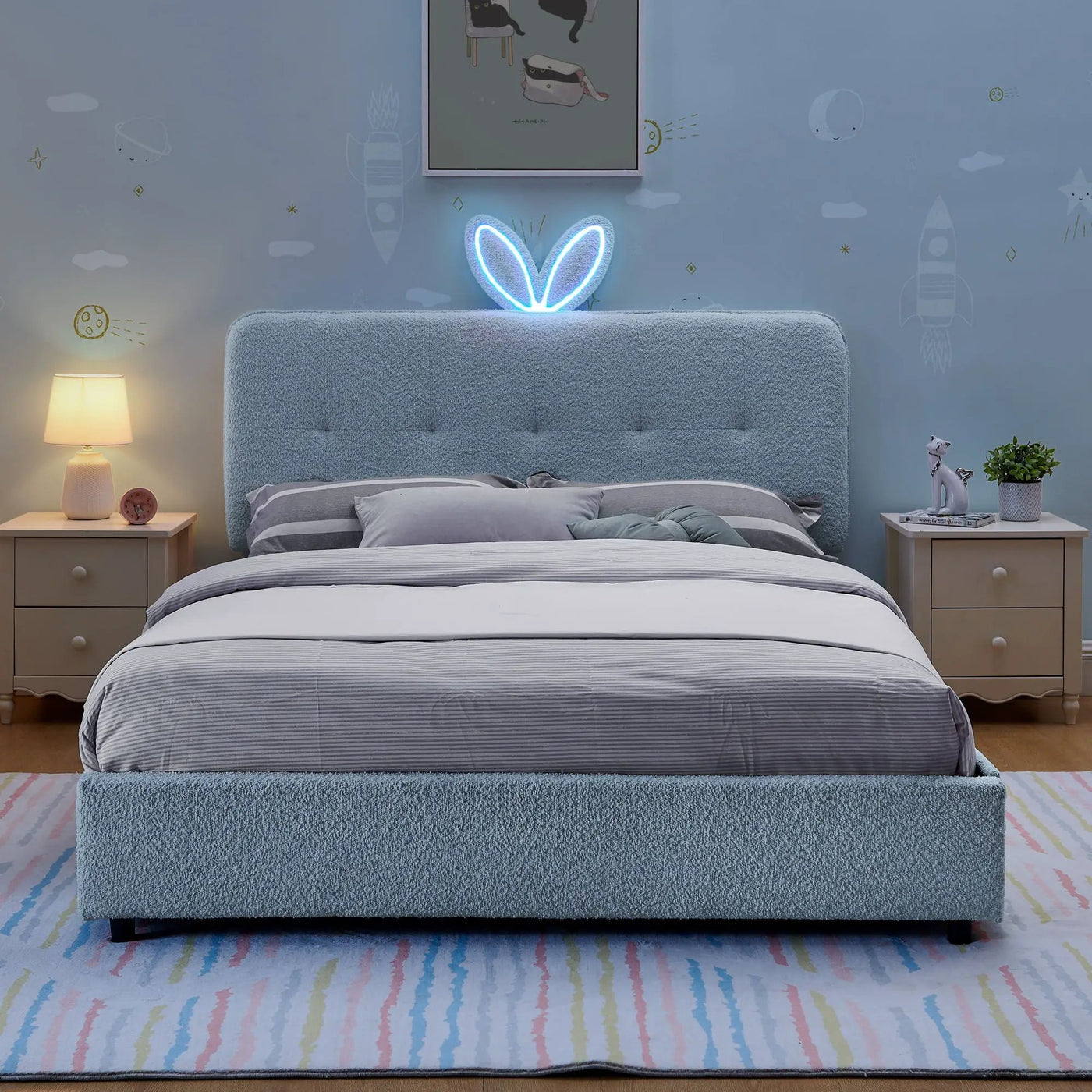 Upholstered Bed With Oversized Rabbit Ear Headboard, LED Lights & 4 Storage Drawers by Unique Piece Furniture