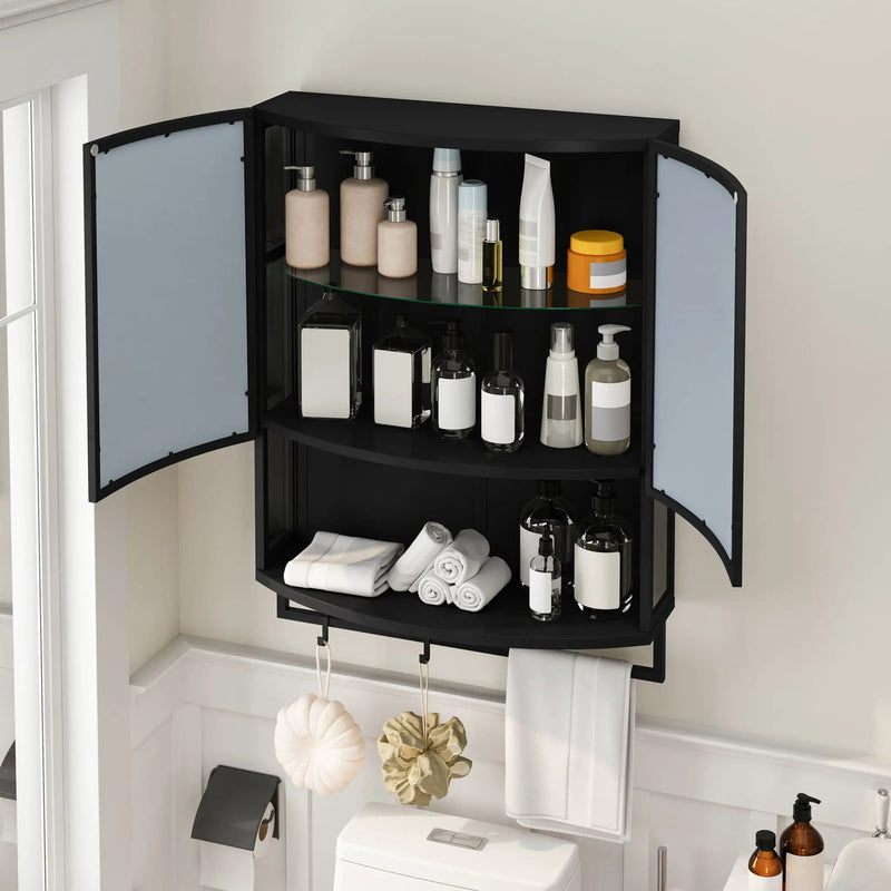 Arched Glass Double Door Wardrobe With Shatterproof Mirror, Open Shelf & Towel Rack by Unique Piece Furniture