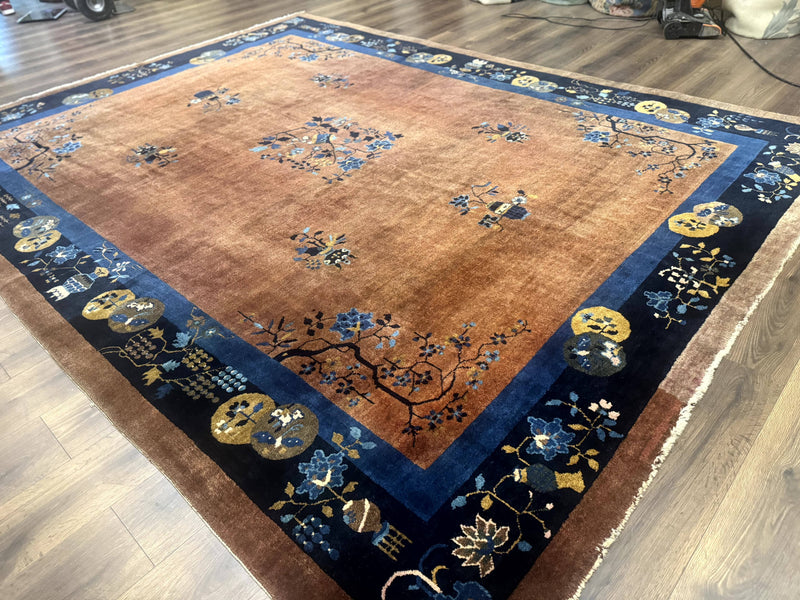 Antique Chinese Wool Rug 9x12, Light Brown and Navy Blue, Fete Peking Art Deco by Jewel Rugs