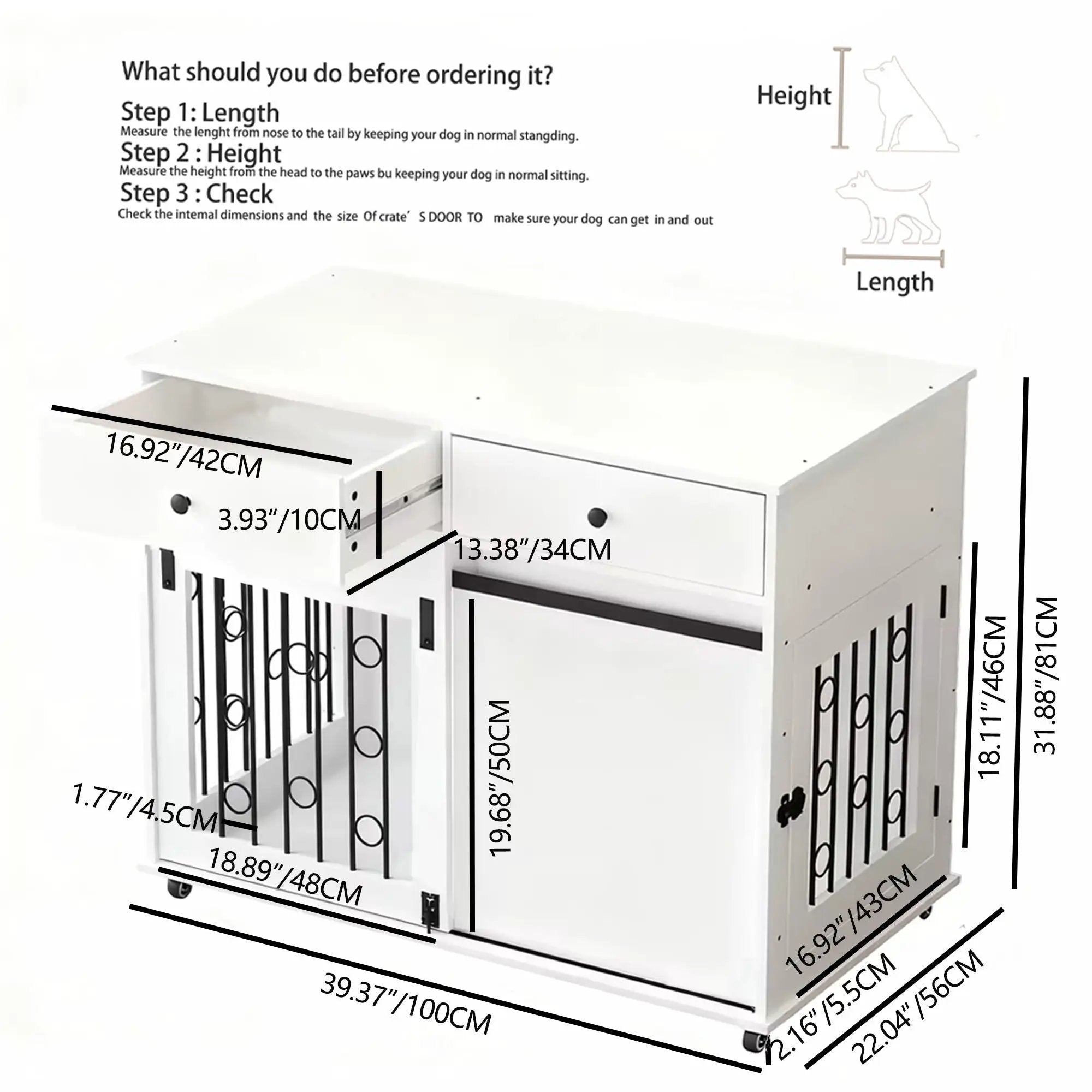 Dog Crate Furniture With Double Drawers And Sliding Barn Door, Pet Kennel For Small To Medium Dogs - White by HouseOfZazla