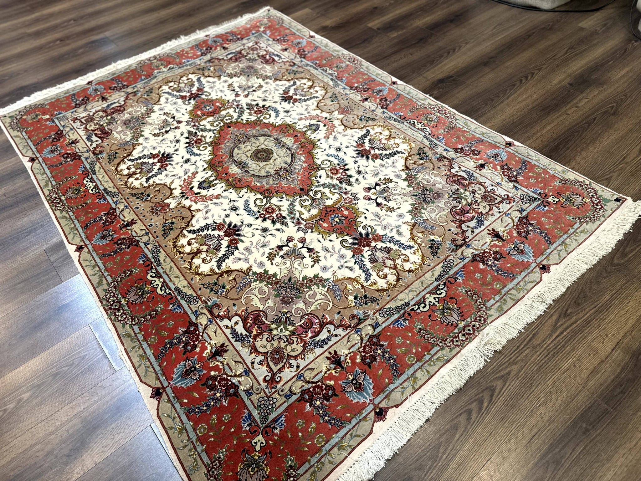 Wonderful Persian Tabriz Rug 5x7, Very Fine 440 KPSI, Ivory and Coral, Rare by Jewel Rugs